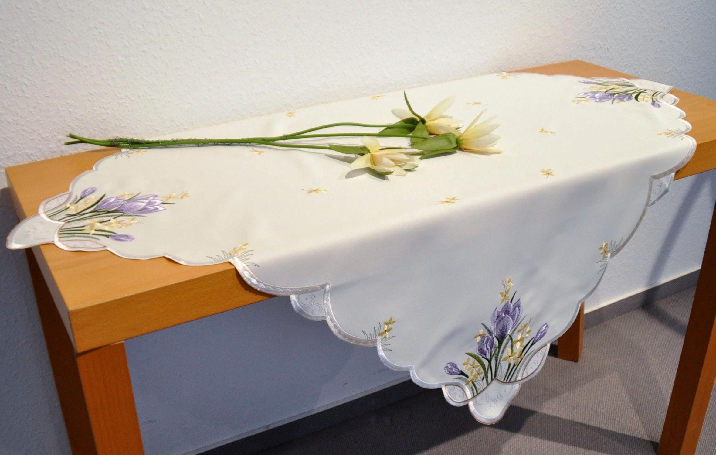 »Tischdecke maintenant Plauener Mitteldecke in Stickereien Germany Spitze, Plauen Made Krokusblüte«,