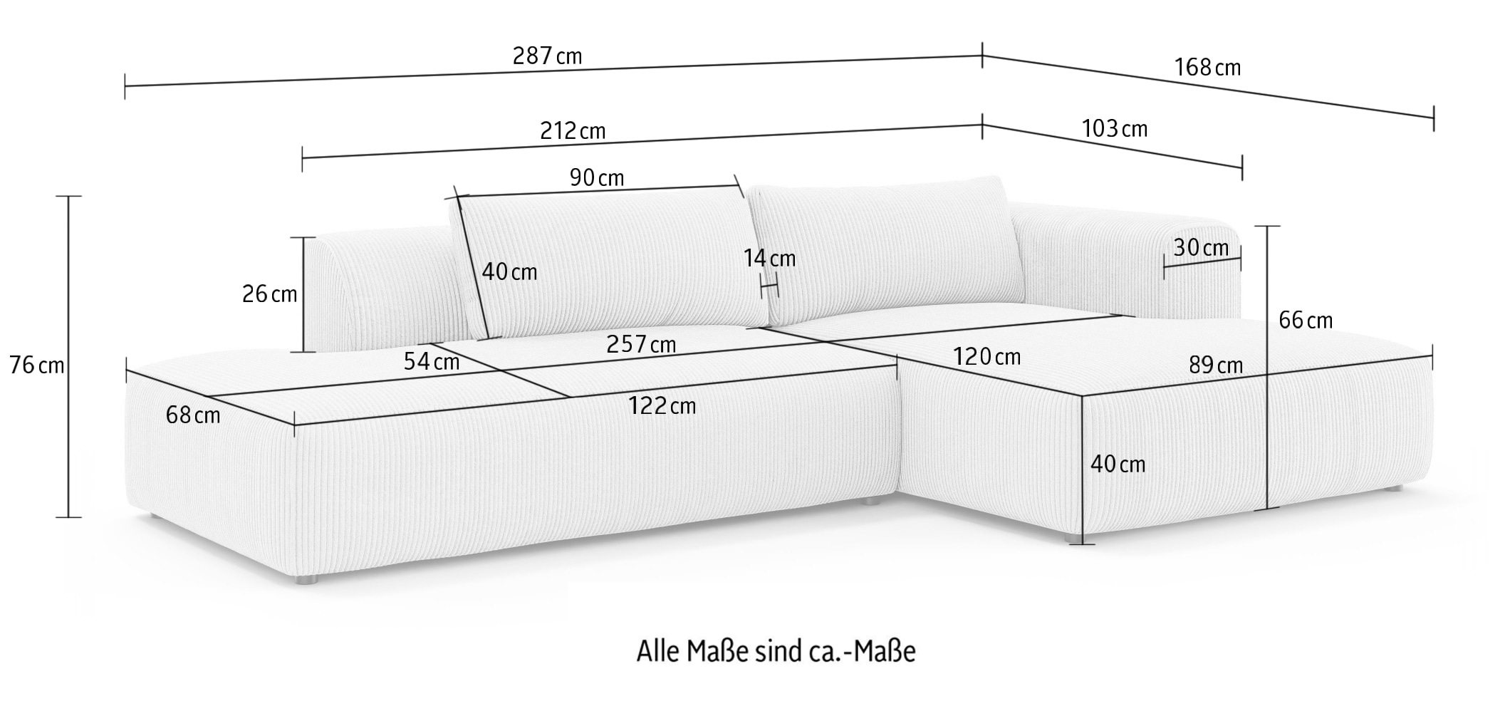 GOODproduct Ecksofa »TIARRA Design-Sofa mit Ottomane recht/links bestellbar, Breite 287 cm« L-Form mit hochelastischer Schaum und Wellenunterfederung