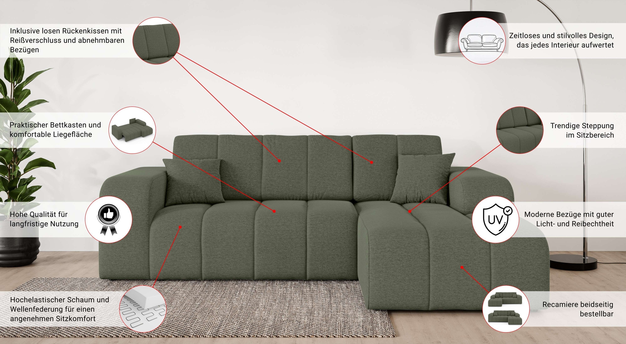 INOSIGN Ecksofa »CASSY L-Form, Schlafsofa mit Bettkasten, Masse B/T/H: 245/165/88 cm«, mit 2 Rückenkissen, Recamiere rechts oder links bestellbar