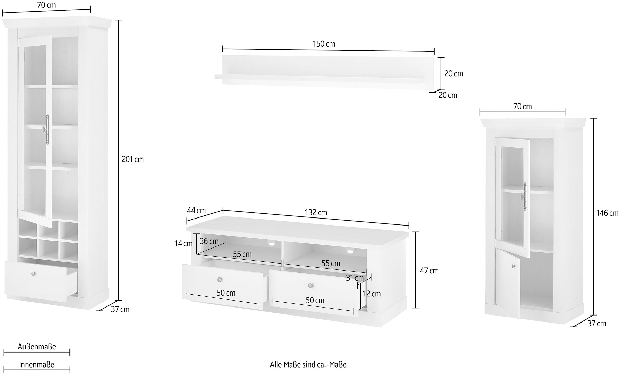 Home affaire Wohnwand »RAVENNA«, (4 St.), im romantischen Landhausstil, Griffe aus Metall, Softclose-Funktion