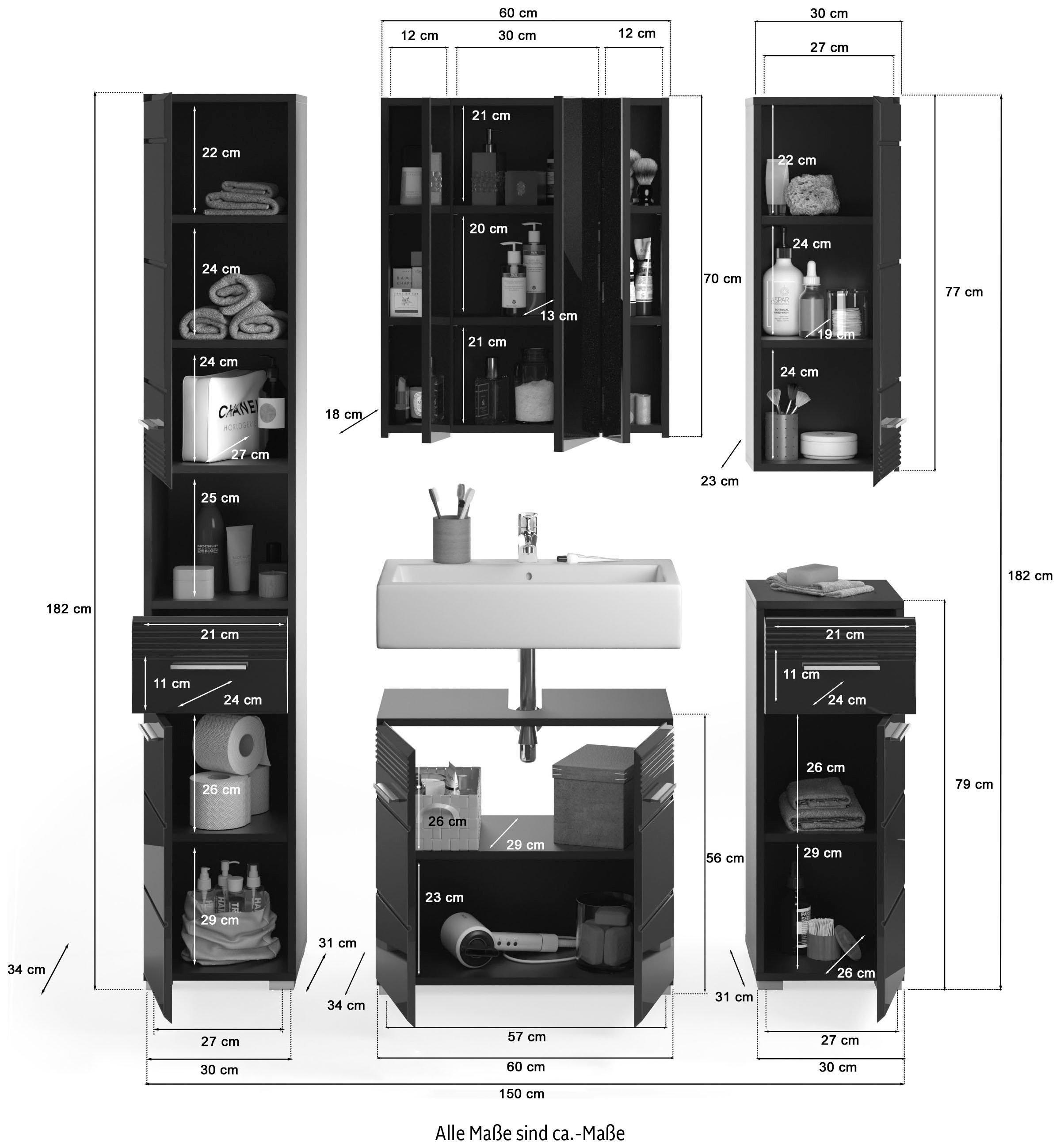 Home affaire Badmöbel-Set »Malmö, 5 teilig, inklusive LED Beleuchtung, bestehend aus:« 5 Stk. tlg.