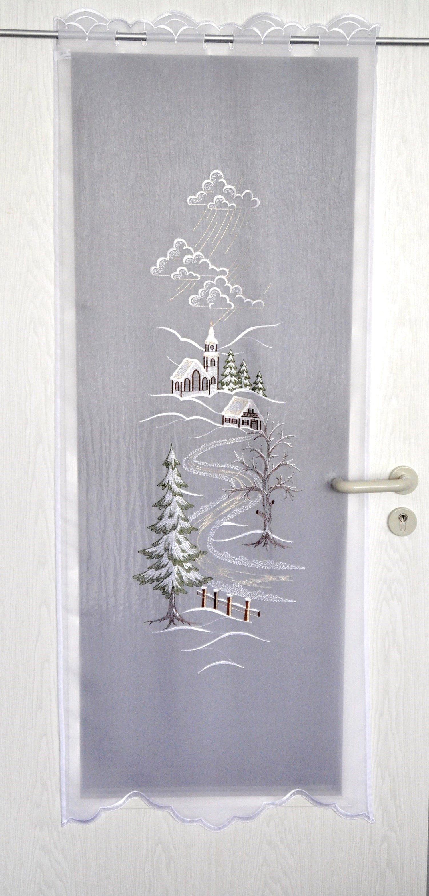 Image of Stickereien Plauen Türvorhang "Türstores Landschaft" Durchzuglöcher 1 Stk. tlg. HxB: 160x60, veredelt mit echter Plauener Spitze Stickerei