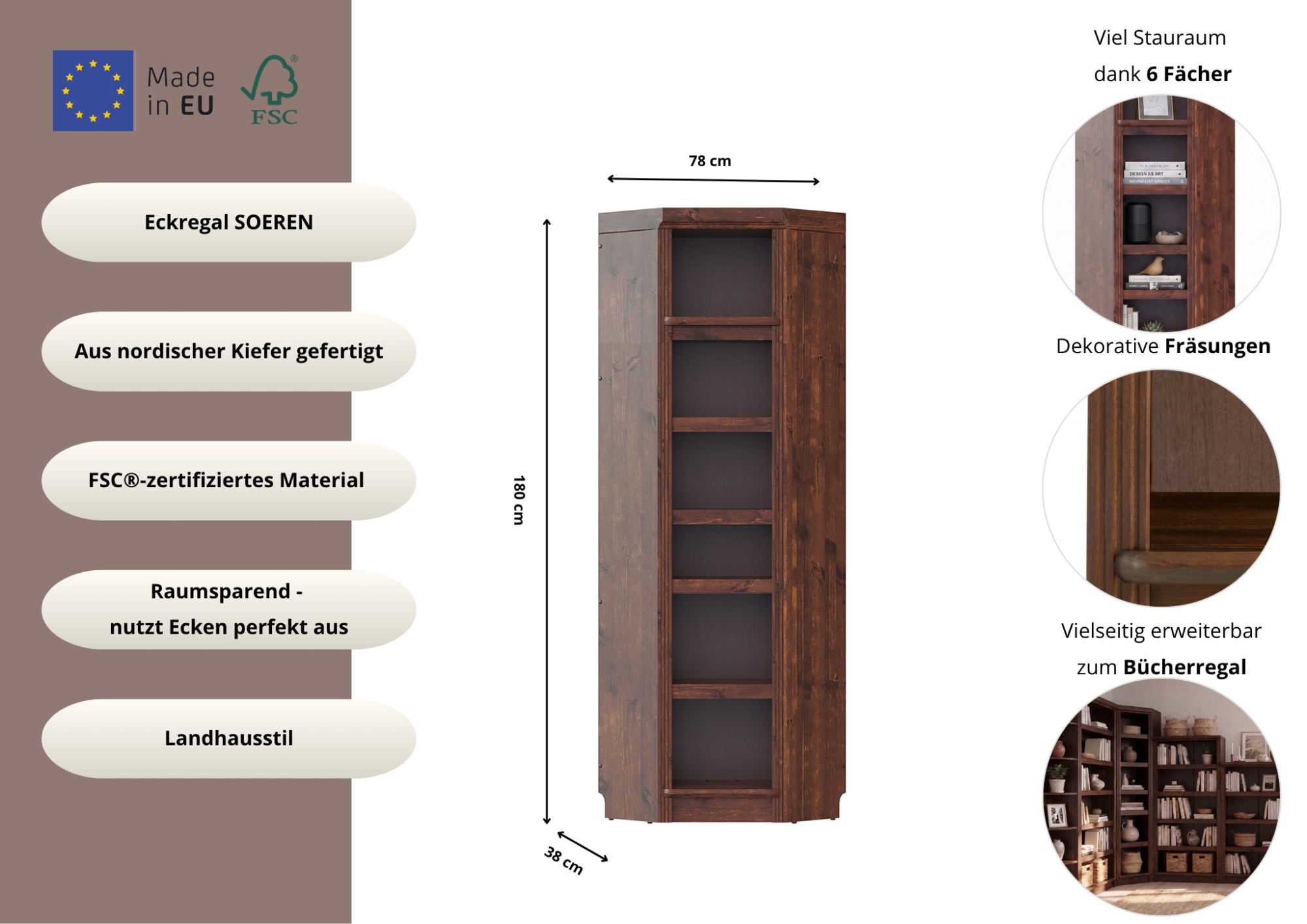 GOODproduct Étagère d'angle »Soeren Regal Höhe 220 cm, massive Kiefer, FSC®-zertifiziert« adapté aux étagères Soeren d’une profondeur de 29 cm