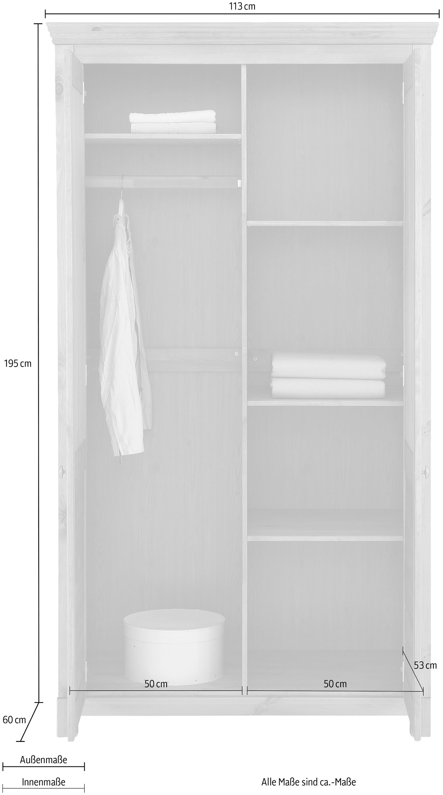 Home affaire Kleiderschrank »Rauna, mit Lamellen und Kassetten, klassischer Landhausstil, rustikal«, (2 Breiten: 113/159 cm H/T ca. 195/60 cm), massive Kiefer, Metallgriffe, mehrere Varianten, zeitloses Design