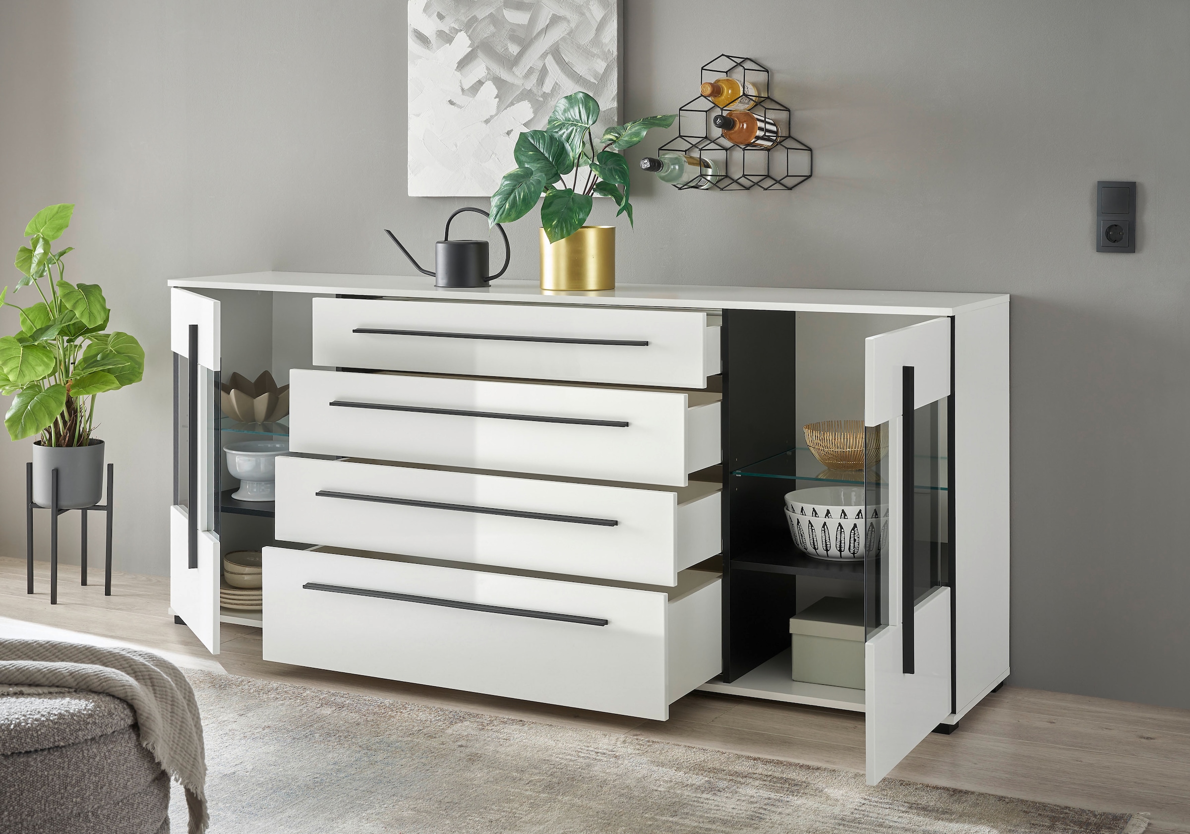 Home affaire Sideboard »Cantara, moderner Schrank, Kommode in Eiche Evoke oder weiss« schwarze Stangengriffe, ausreichend Stauraum, vielseitig einsetzbar