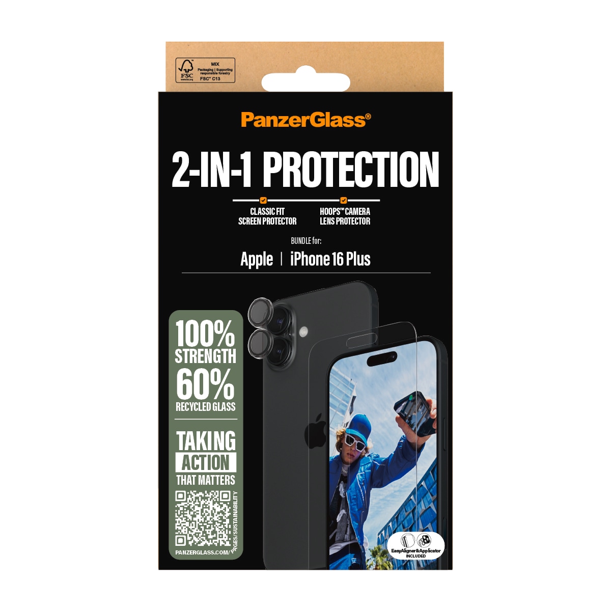 PanzerGlass Displayschutzglas »2-in-1 Protection, Glass, Lens Protector«, für Apple iPhone 16 Plus, Displayschutzfolie, Schutzfolie, Bildschirmschutz, kratz- & stossfest
