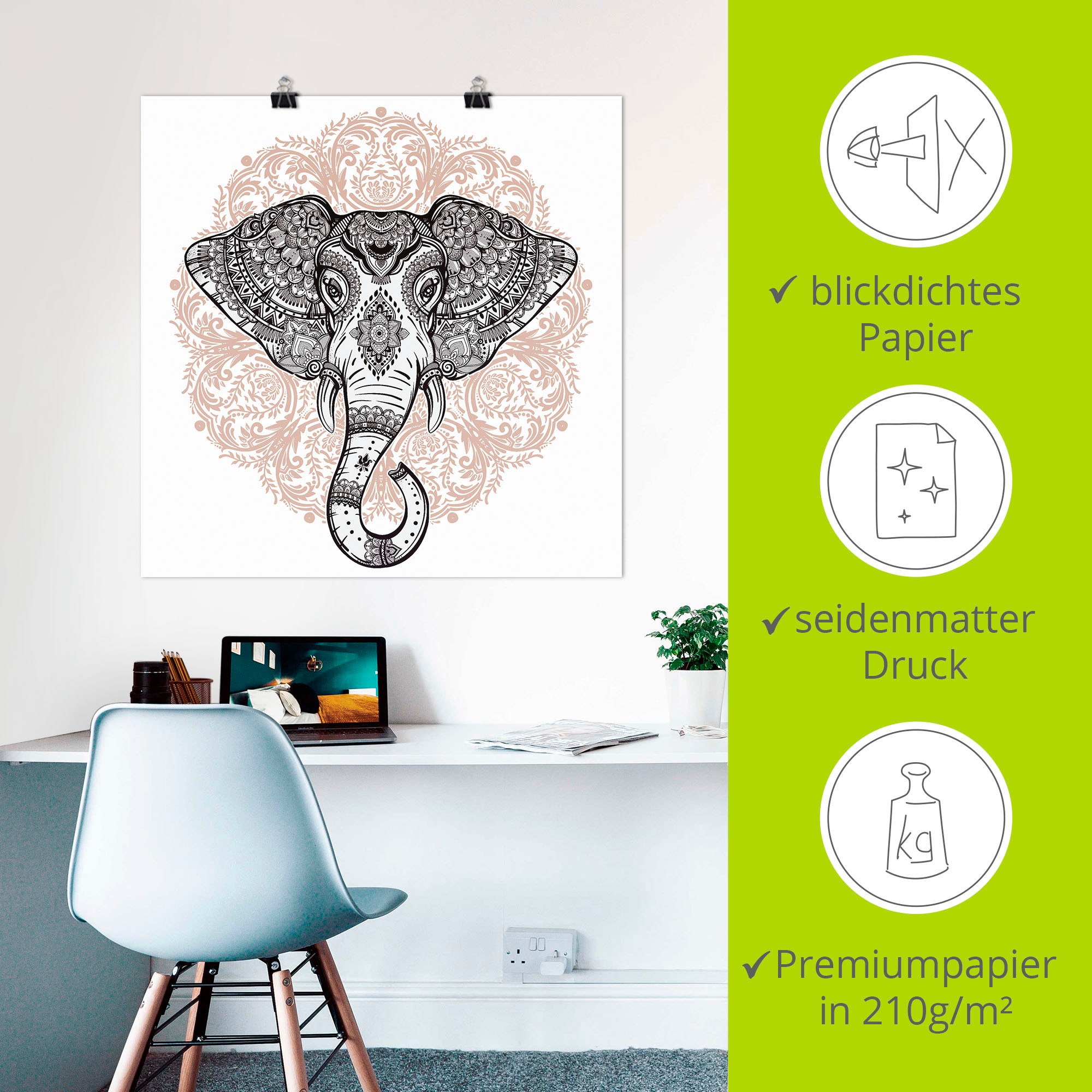 Artland Wandbild »Vintage Mandala Elefant«, Wildtiere, (1 St.), als Leinwandbild, Poster, Wandaufkleber in verschied. Grössen
