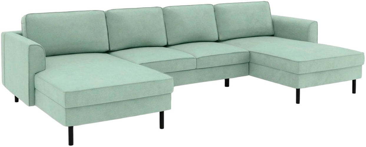 Home affaire Wohnlandschaft »Booster II, whlw. mit Schlaffunktion & Bettkasten, Fuss schwarz« Sofa in U-Form, Breite 305 cm, in Cord oder Struktur LEO o. LINO