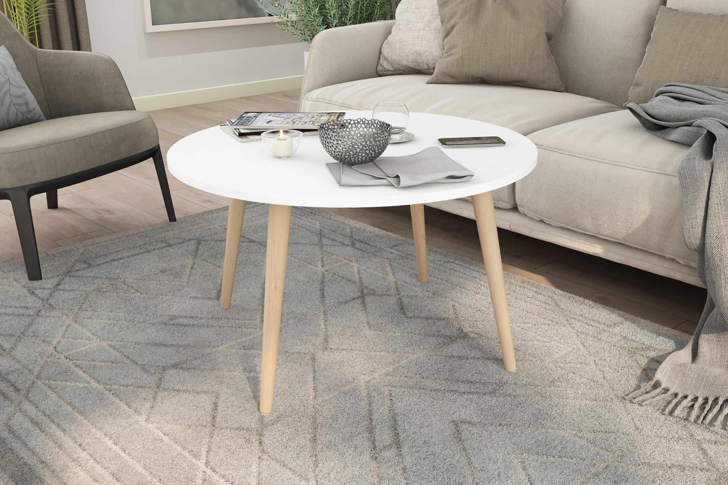byLIVING Couchtisch »LASSE« Tischplatte weiss, Gestell Buche natur, Breite: 80 cm