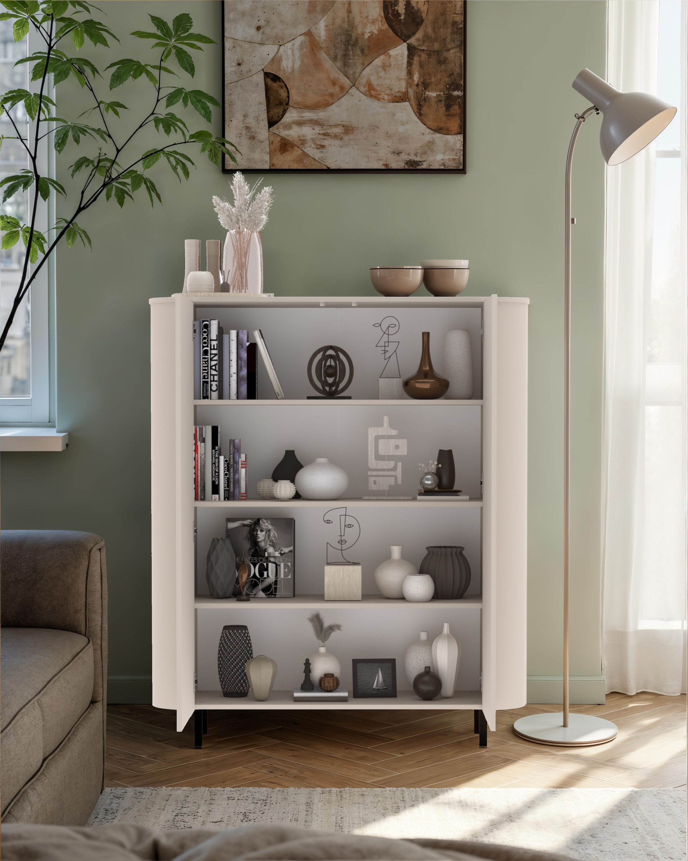GOODproduct Highboard »Lido, B/H 131/154 cm, 2 Türen, Stauraumschrank, Hochkommode« Formgebogenes MDF, Stirnseiten mit Rundung, Push-to-open, Metallfüsse