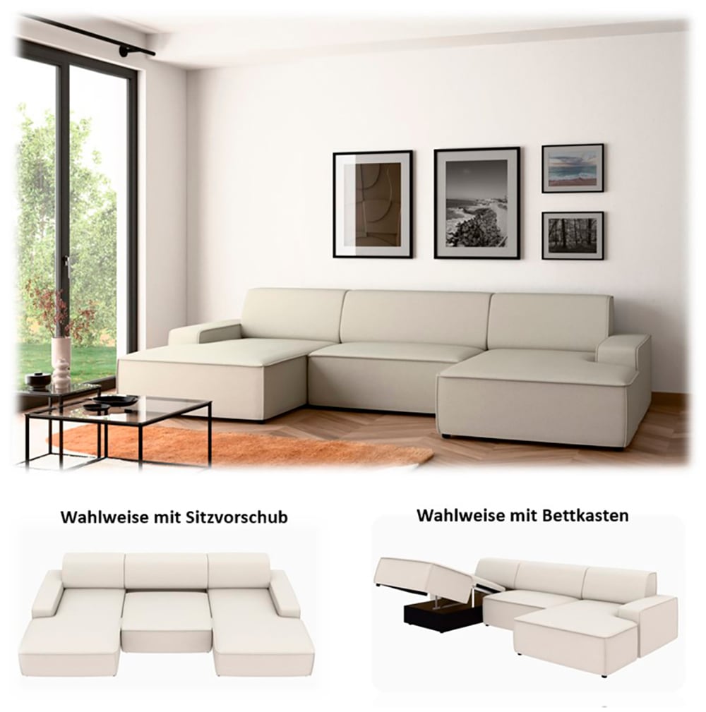 TRENDMANUFAKTUR Wohnlandschaft »Graz, wahlweise mit Sitzvorschub und Bettkasten, U-Form, Breite 329 cm« in Cord-, haustierfreundlichem LEO Struktur- oder LUMOS-3D-Bezug