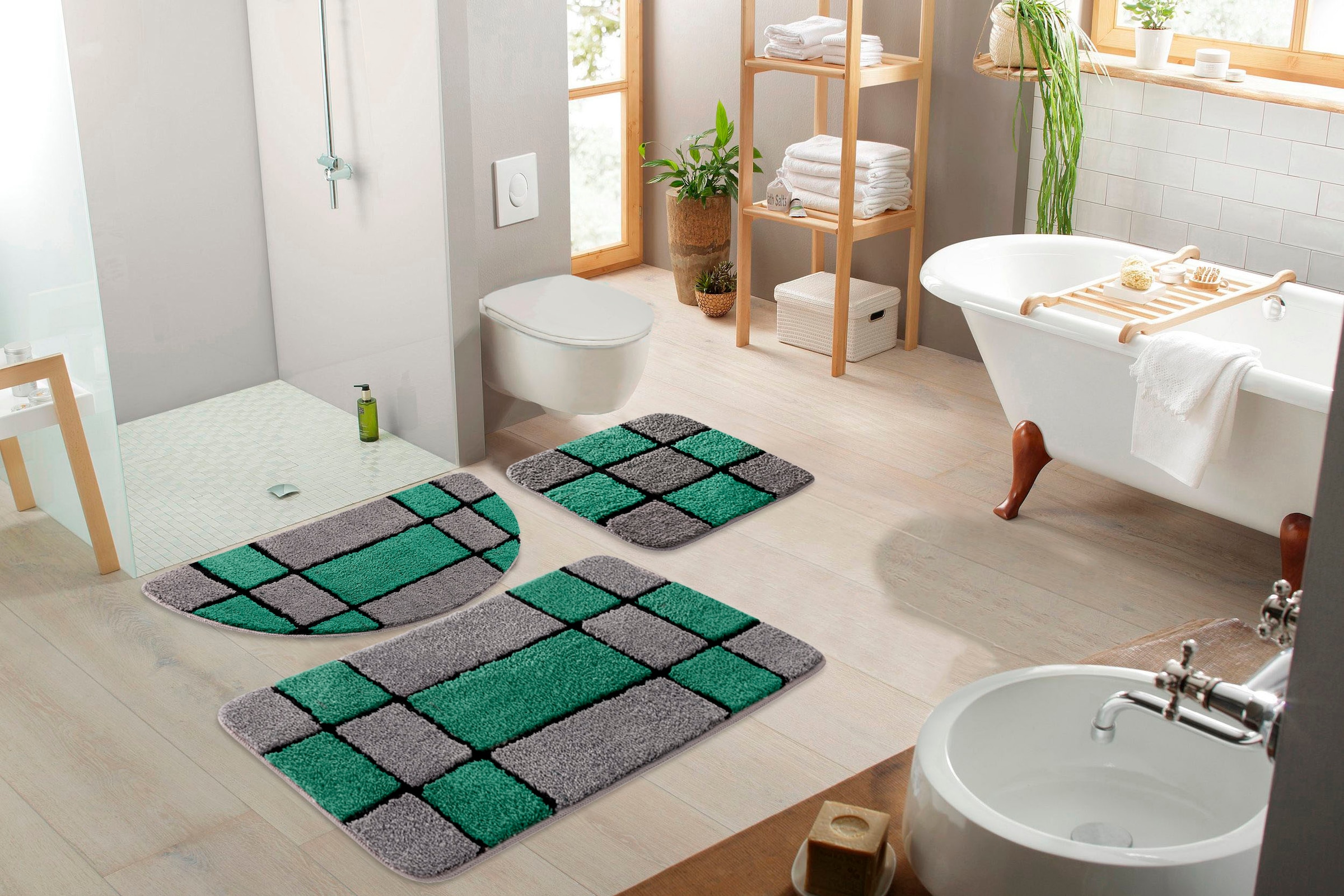 my home Badematte »Melli«, rutschhemmend beschichtet, fussbodenheizungsgeeignet, Badteppich, mit Muster, karierte Badematte