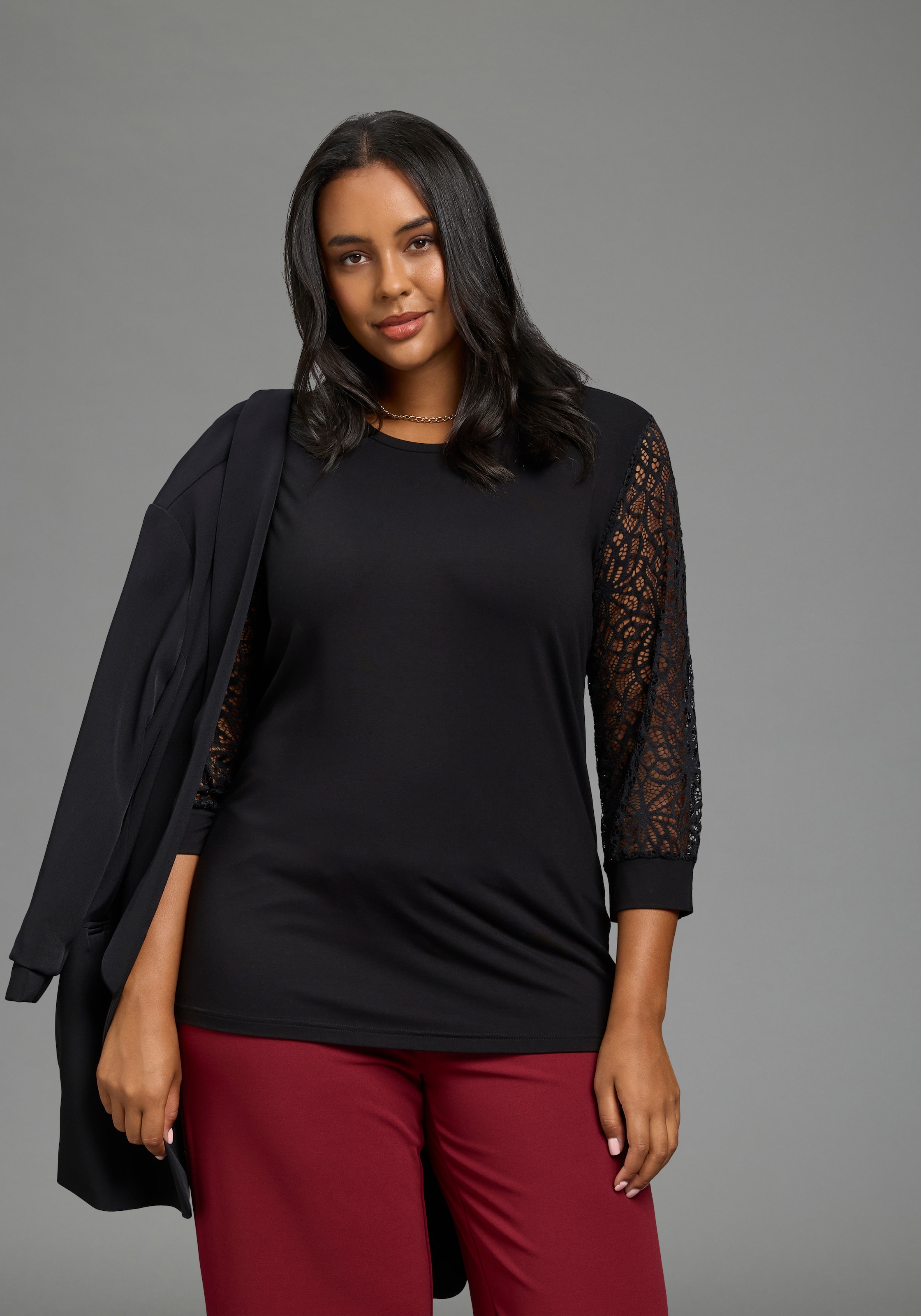 Image of Laura Scott CURVE Spitzenshirt "Grosse Grössen" figurbetonte Passform, mit Spitze, 3/4-Ärmel, Rundhalsausschnitt