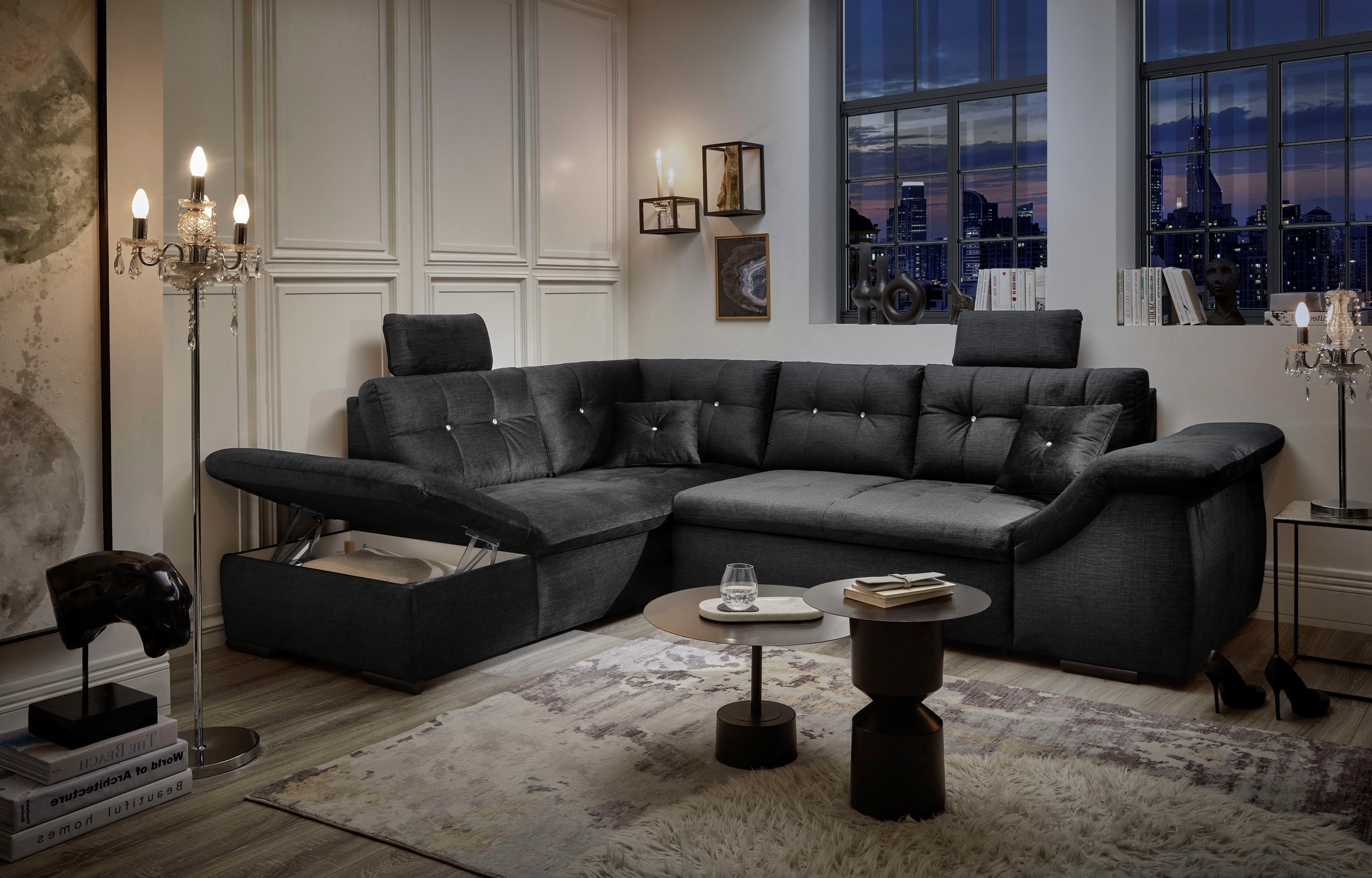ED EXCITING DESIGN Ecksofa »Bolonia L-Form«, mit Bettfunktion, Bettkasten, Kopfstützen & 2 Zierkissen, Strasstein