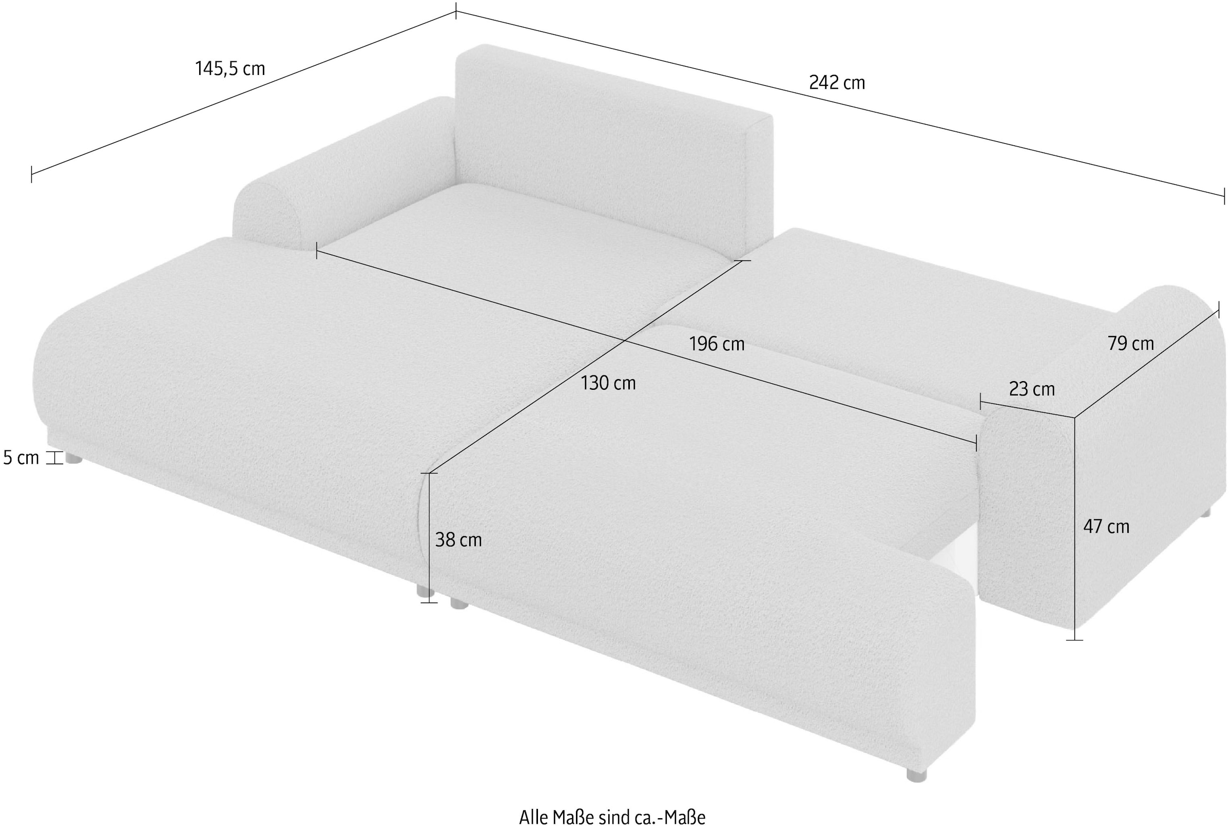 INOSIGN Ecksofa »Marsby, mit Bettfunktion und Bettkasten, Masse: B/H/T 242/65/145 cm« L-Form mit Wellenunterfederung, Recamiere links oder rechts bestellbar