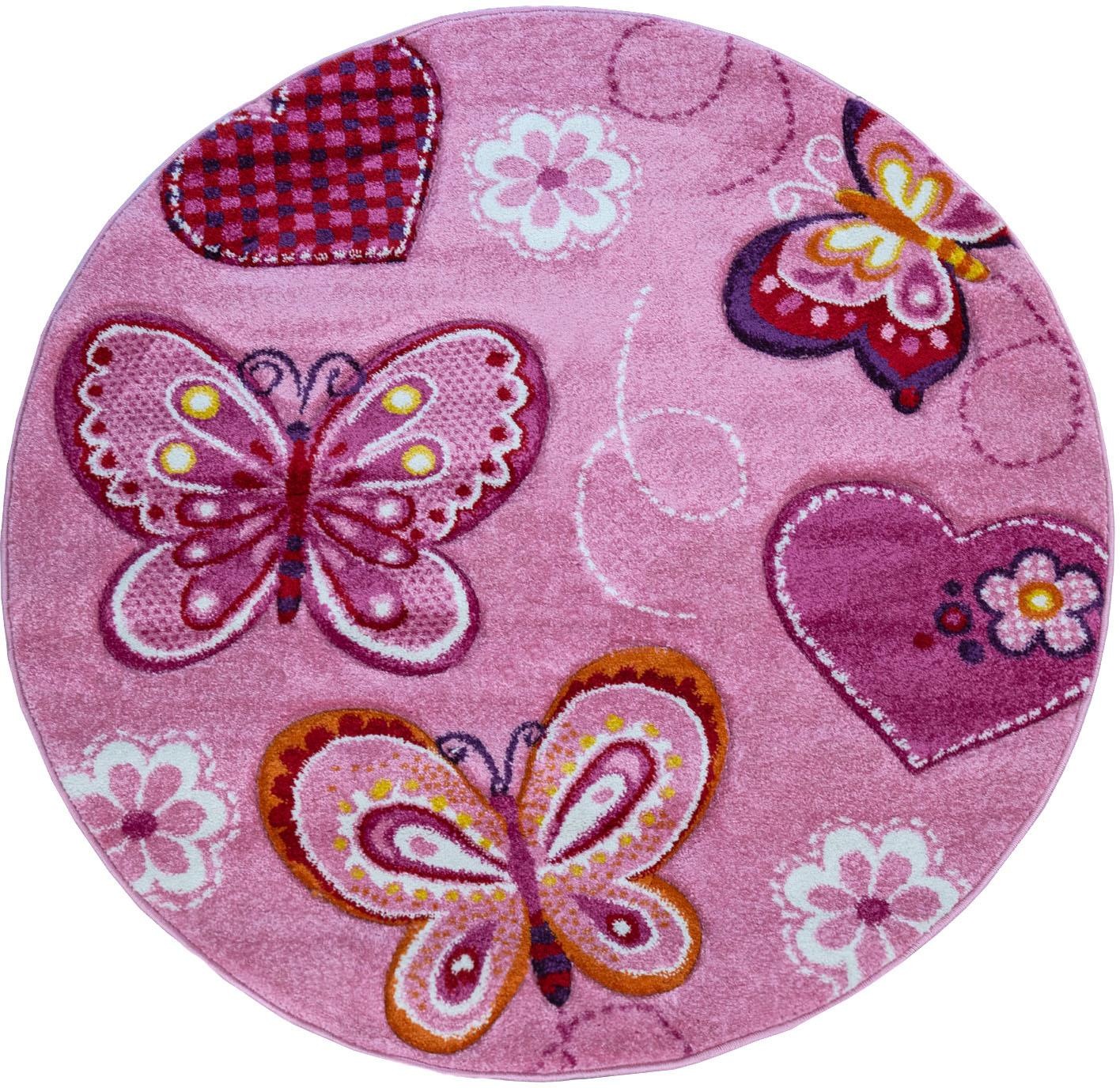 Image of Paco Home Kinderteppich »Diamond 642«, rund, 18 mm Höhe, Kurzflor, 3D-Design, Motiv Schmetterlinge & Herzen Kinderzimmer bei Ackermann Versand Schweiz