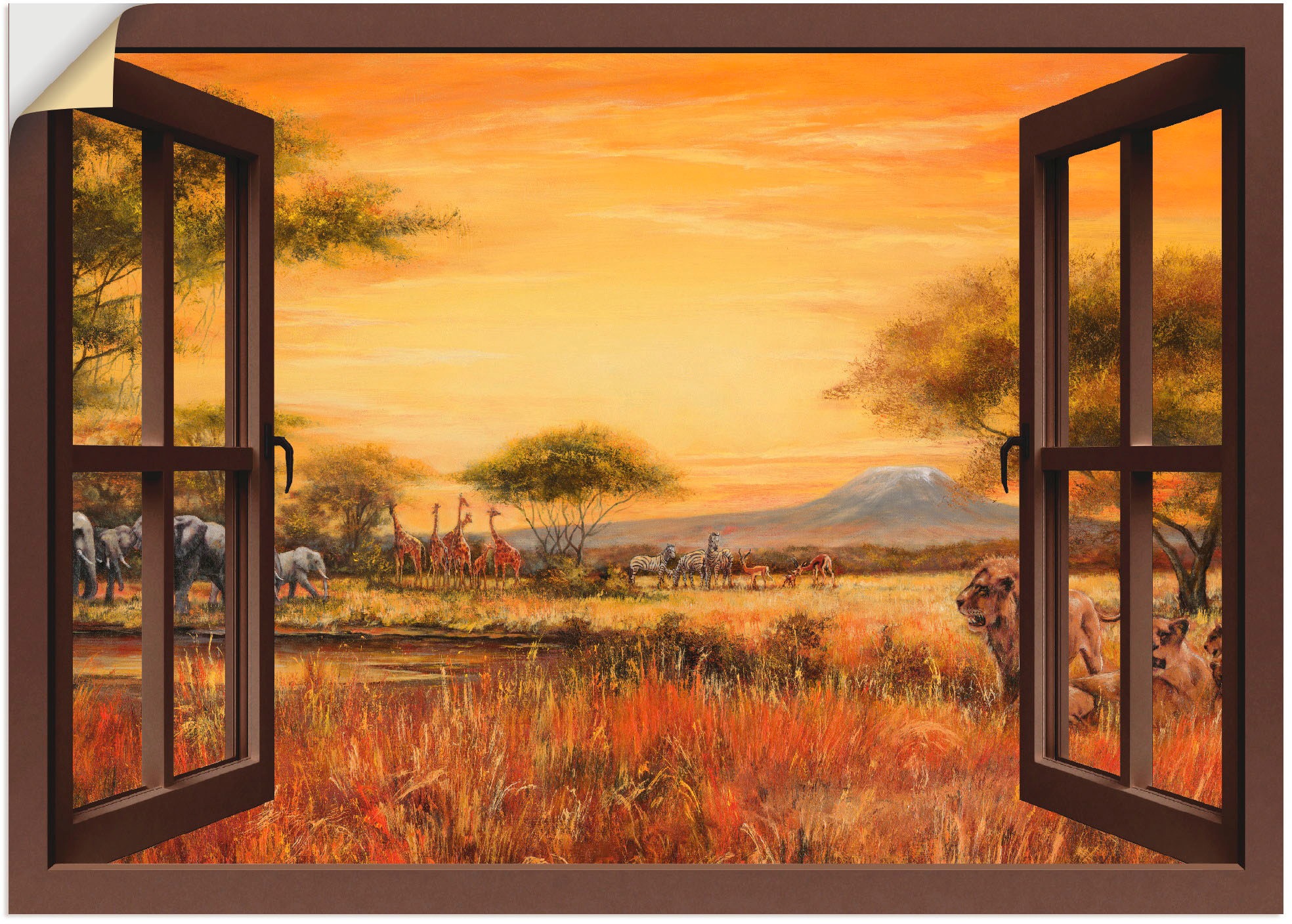 Image of Artland Wandbild »Fensterblick Afrikanische Steppe Löwen«, Fensterblick, (1 St.), in vielen Grössen & Produktarten -Leinwandbild, Poster, Wandaufkleber / Wandtattoo auch für Badezimmer geeignet bei Ackermann Versand Schweiz