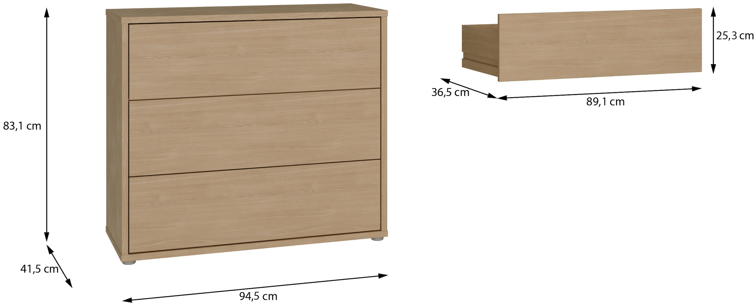 FORTE Commode »Alice Springs, Kommode, 3 Schubkästen B/H/T 94,8/83,1/41,5« tiroirs à sortie totale, sans poignée, Push to open