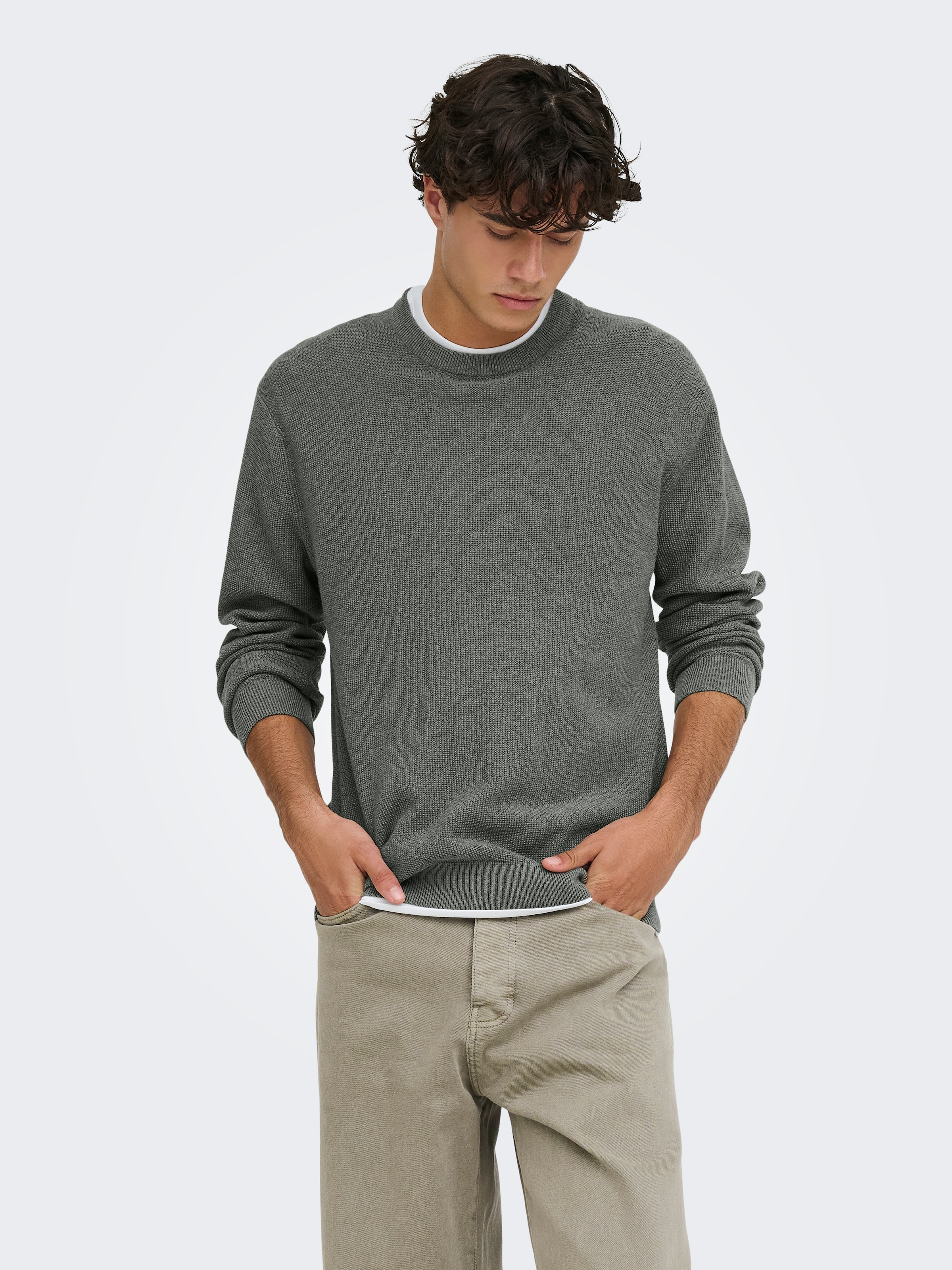 ONLY & SONS Strickpullover »ONSJOEY RLX MELANGE LS WAFFLE KNIT NOOS« Baumwolle, relaxed fit