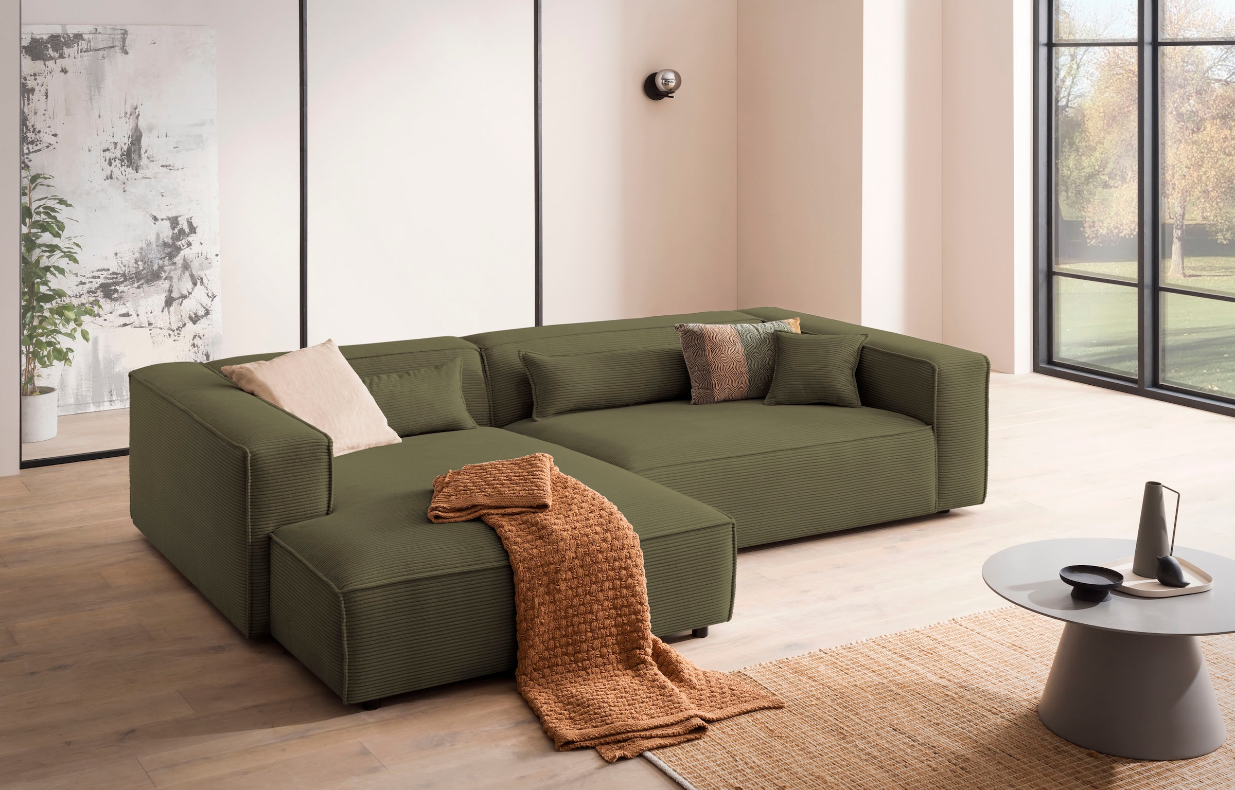 LeGer Home by Lena Gercke Ecksofa »PIARA XXL, Big-Sofa in Cord oder Leinenoptik, L-Form, mit Kedernaht«, wahlweise Ottomane rechts/links, schwarze Füsse, extra tiefe Sitzfläche