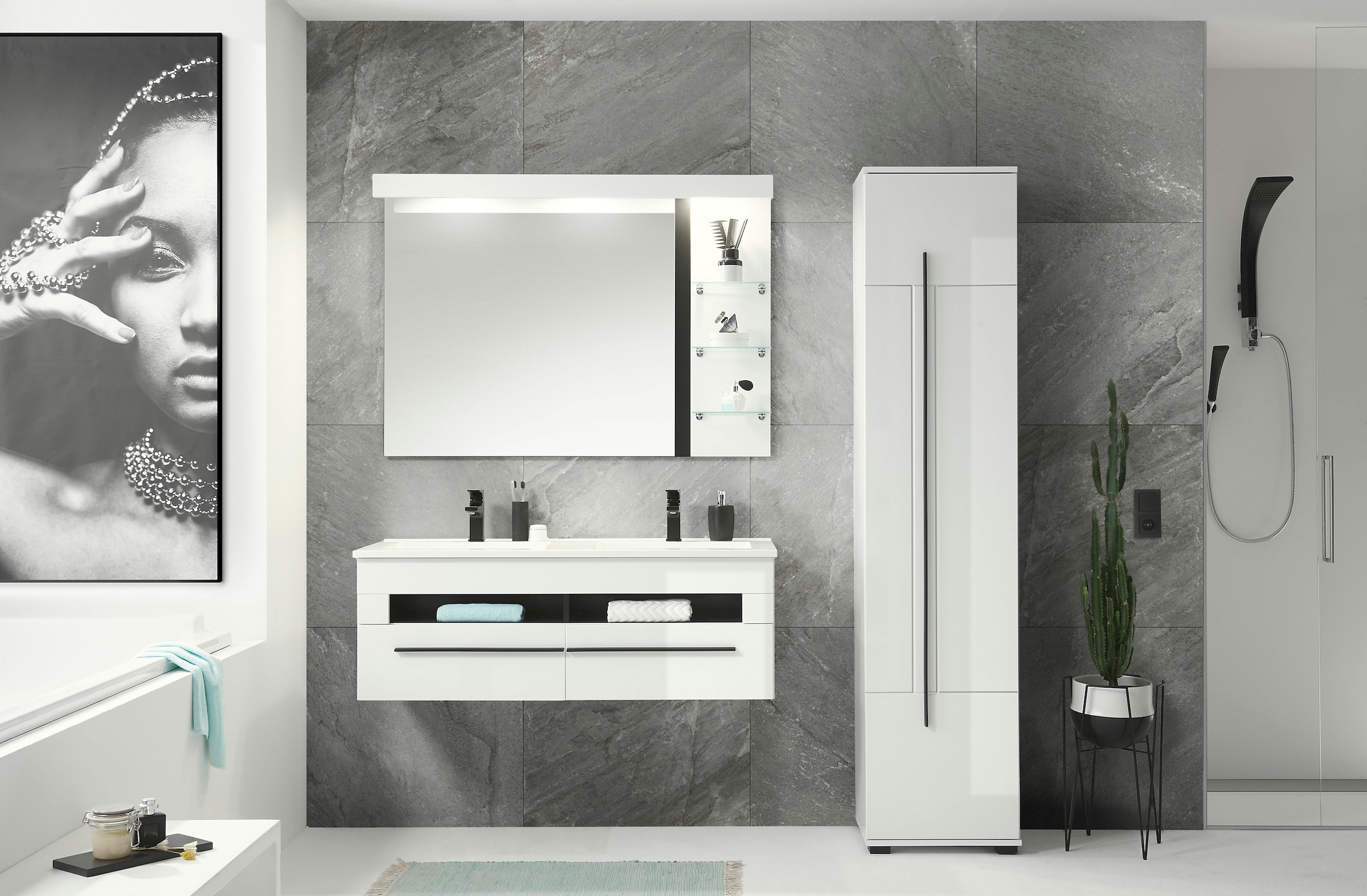 INOSIGN Badmöbel-Set »Cantara, Bad im modernen Design, 3-teiliges Badezimmer«, (Set, 3 St.), Waschtisch, Schrank und Spiegel, in Weiss Hochglanz, viel Stauraum