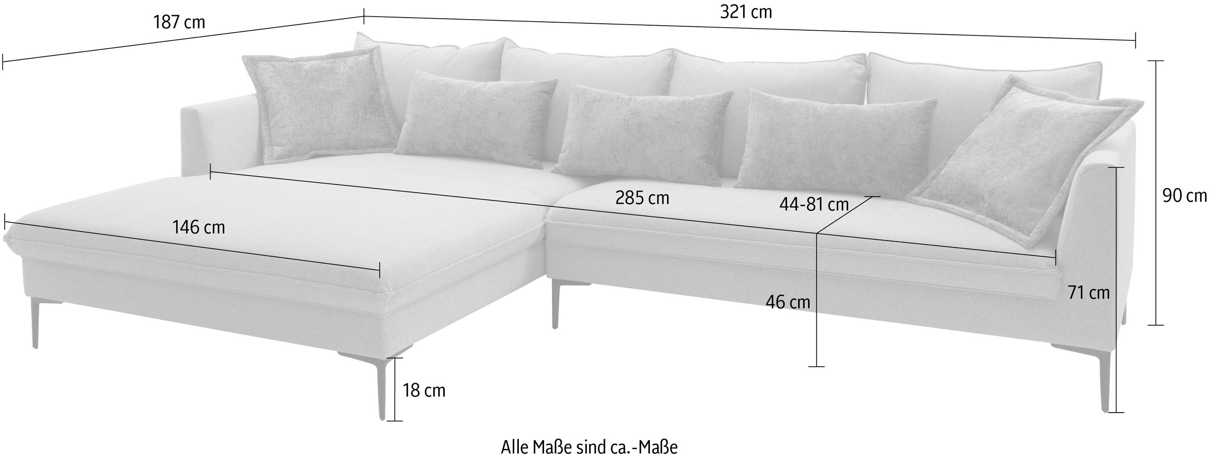 exxpo - sofa fashion Ecksofa »Piazza, elegant und edel, Designsofa mit tollem Sitzkomfort,«, (2 St.), Longchair Ecke in hochwertiger Verarbeitung, Stellmasse 321x187cm