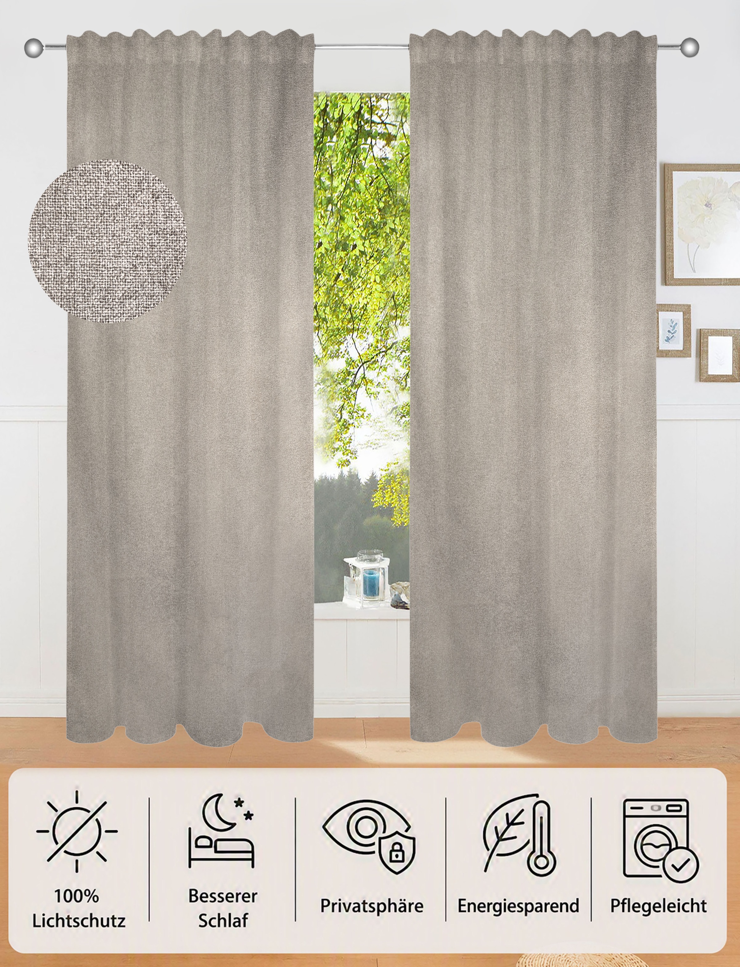 Image of GOODproduct Verdunkelungsvorhang "Ronnel, 2er-Set, 100% Lichtschutz, Multifunktionsband" Multifunktionsband 2 Stk. tlg. 2x einfarbig, Wohnzimmer, Schlaf/-Kinderzimmer, 100% verdunkelnd