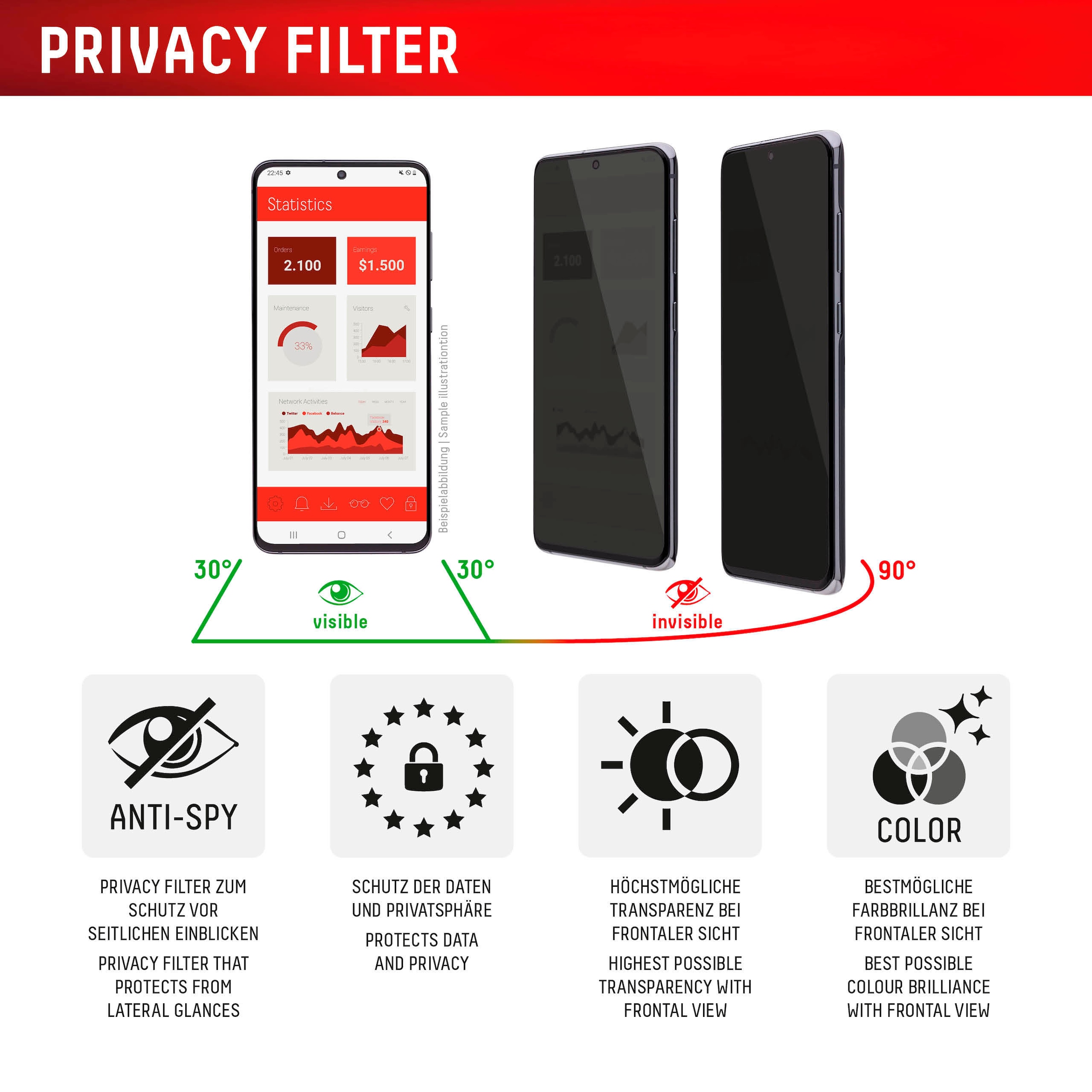 Displex Displayschutzglas »Privacy Glass« für Samsung Galaxy S24+;Samsung Galaxy S25+ Blickschutz Displayschutzfolie Displayschutz kratzer-resistent 10H