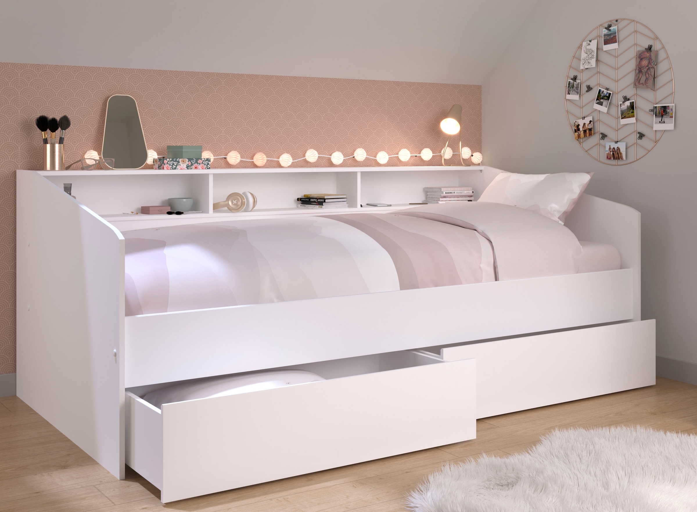 Stauraumbett »Sleep, Daybed, Kinderbett, Rückwand der Regale drehbar (farbig +...