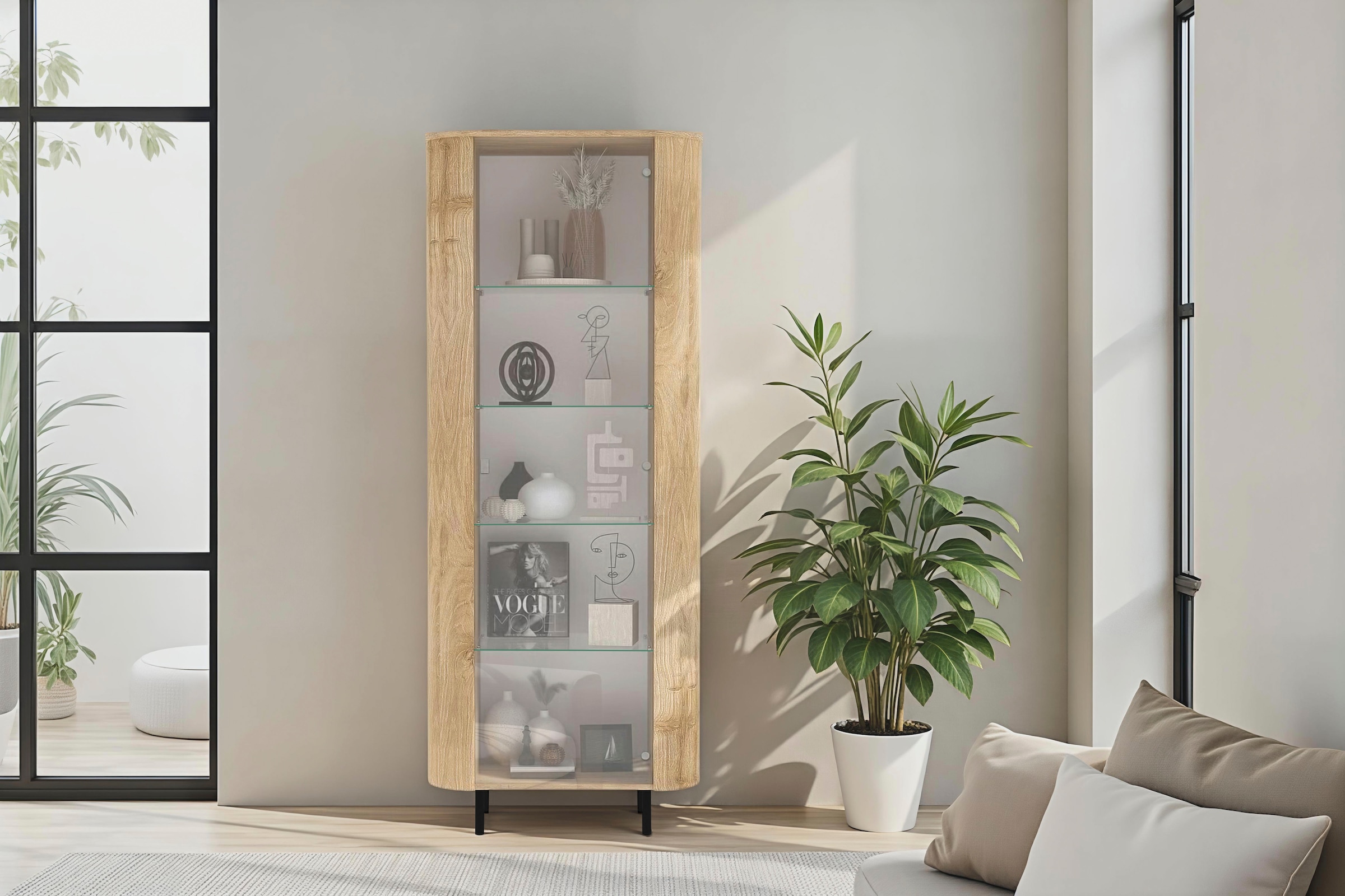 Home affaire Vitrine »Murano, Standvitrine H 200 cm, B 80 cm, 1 Tür, Vitrinenschrank« Formgebogenes MDF, Stirnseiten mit Rundung, Metallfüsse, stilvoll