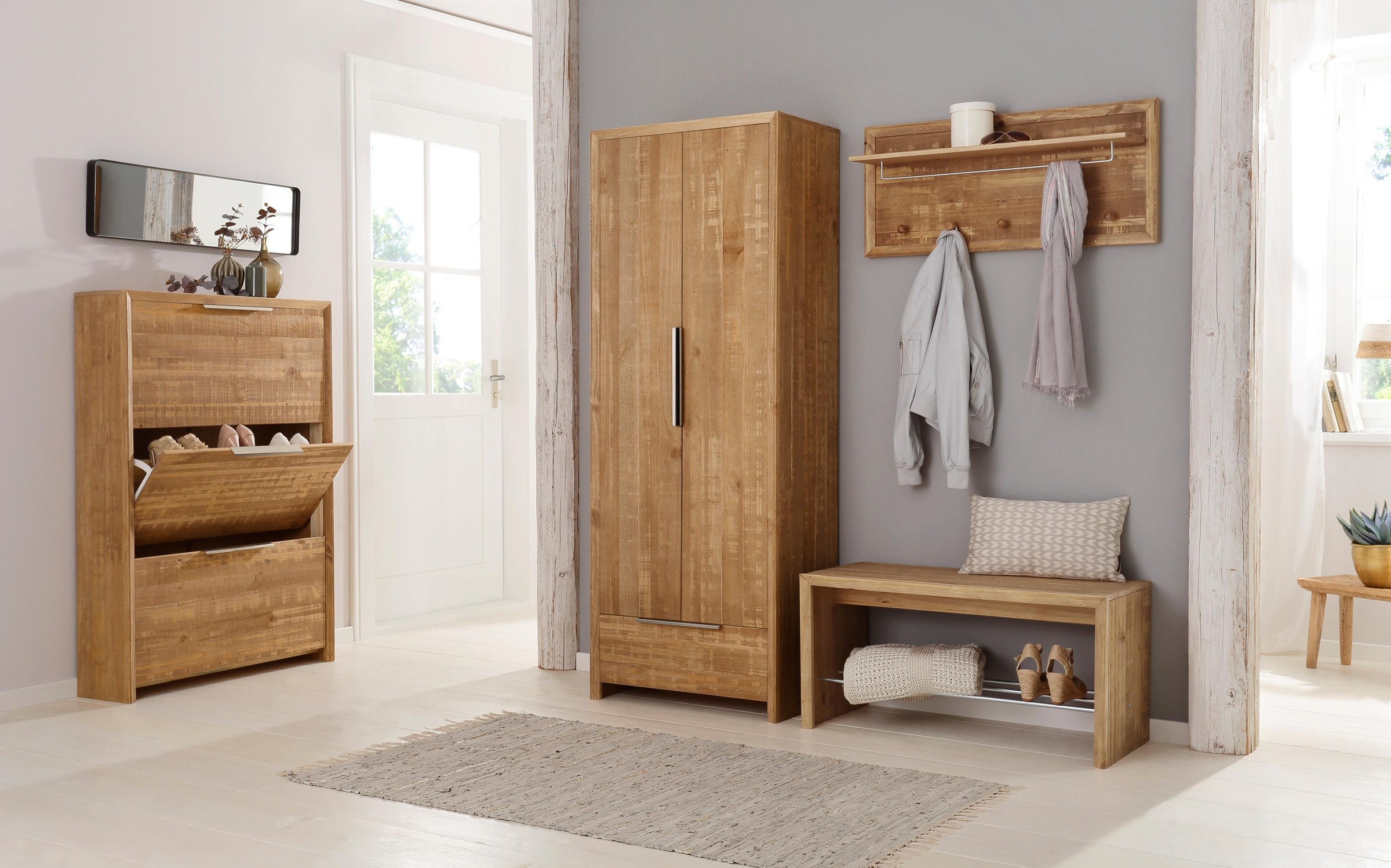 Image of Home affaire Schuhkommode »Auckland«, in rustikaler Optik, mit 3 Klappen, aus Massivholz, Höhe 130 cm bei Ackermann Versand Schweiz