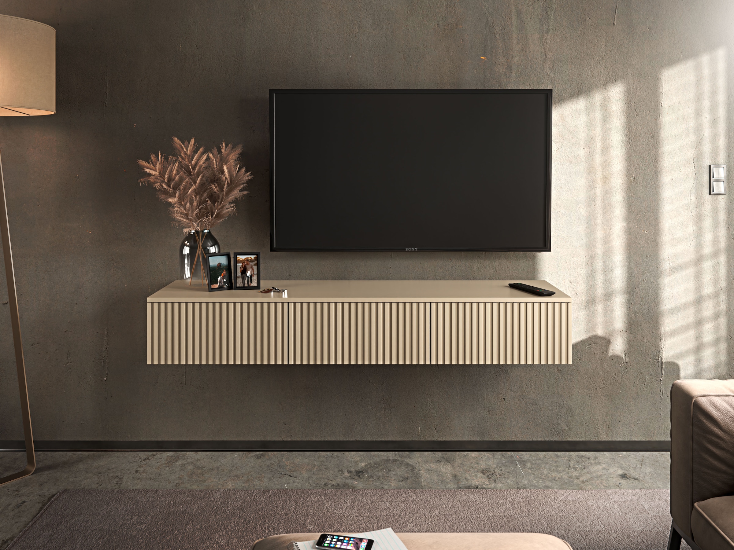 HBZ Table basse »Lowboard Lanai, hängend, mit moderner Rillenoptik« 1 cuis tlg. Largeur 150cm, revêtement mélaminé, ouverture par pression