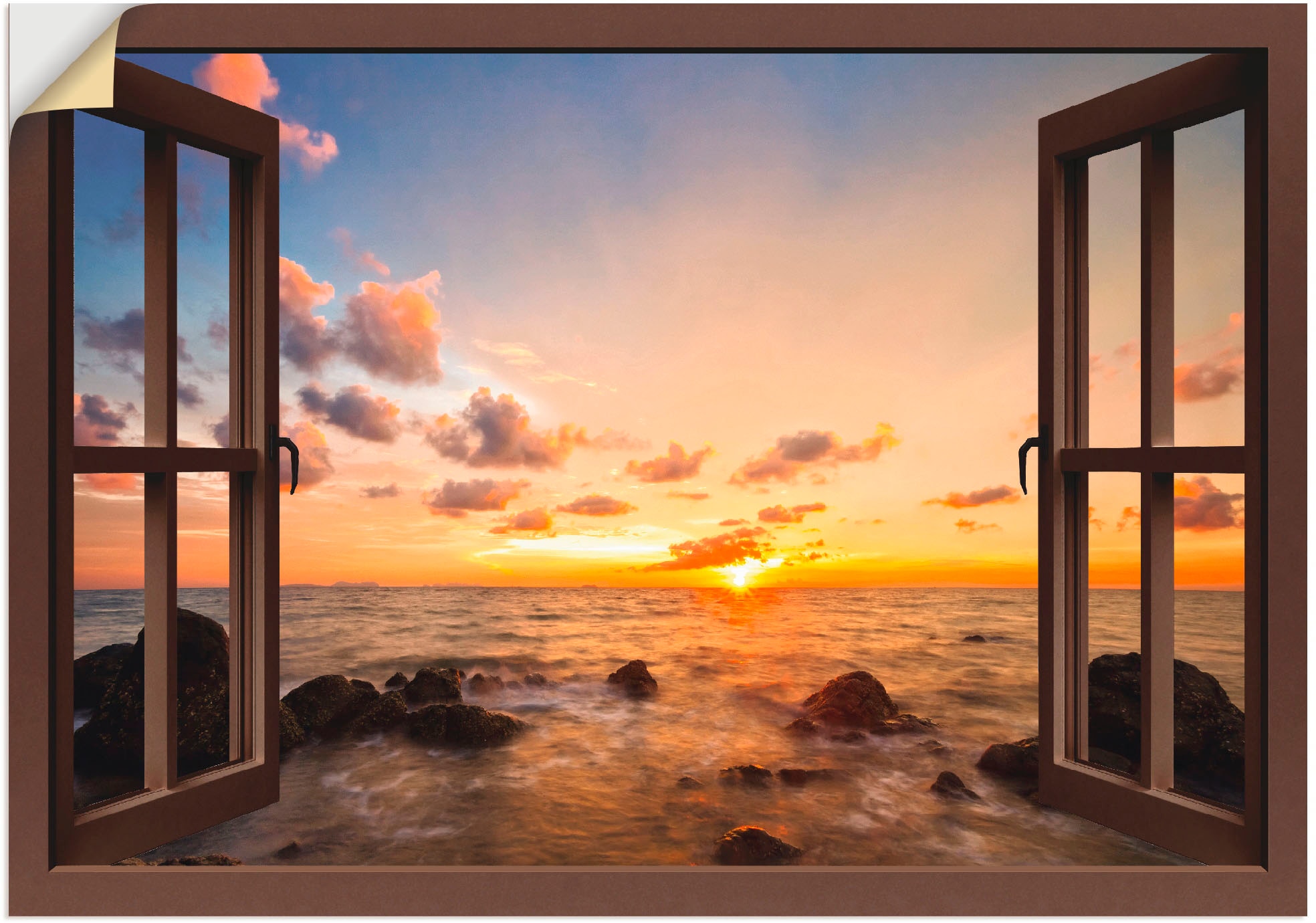 Artland Wandbild »Fensterblick Sonnenuntergang am Meer«, Fensterblick, (1 St.),  als Alubild, Leinwandbild, Wandaufkleber oder Poster in versch. Grössen  bequem kaufen