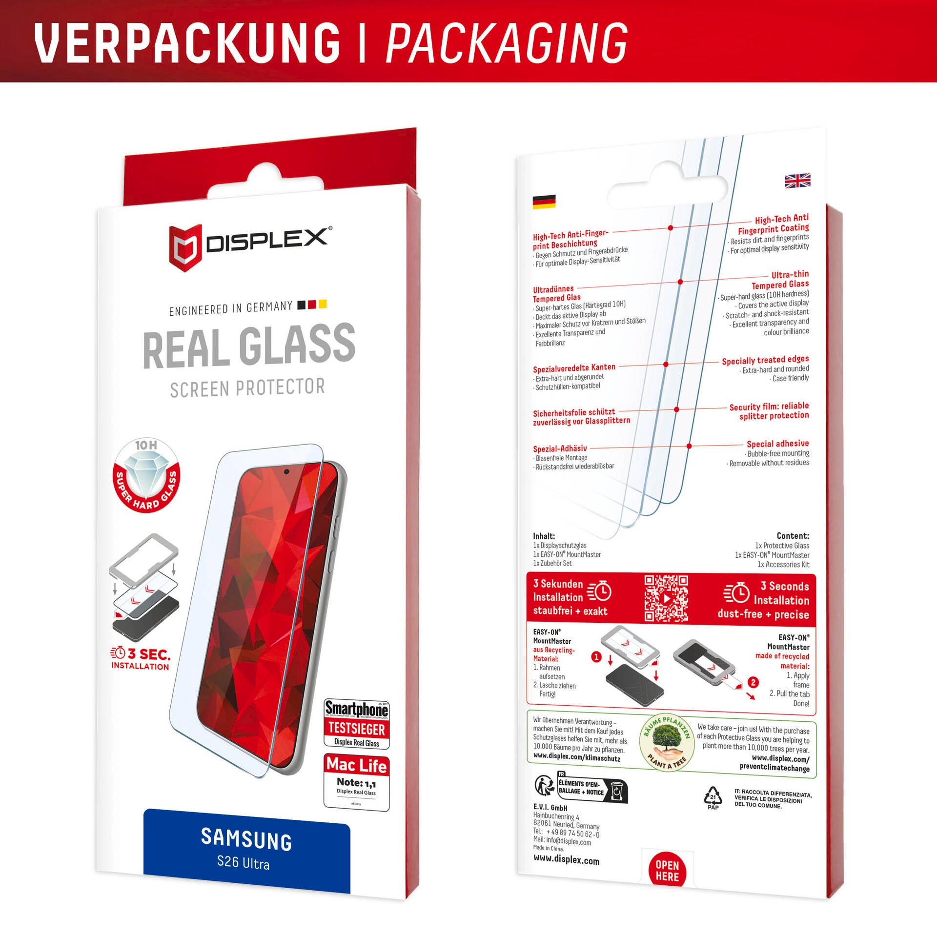 Displex Displayschutzglas »Real Glass Screen Protector mit MountMaster« für Samsung Galaxy S26 Ultra Displayschutzfolie, Schutzfolie, Bildschirmschutz, kratz- & stossfest