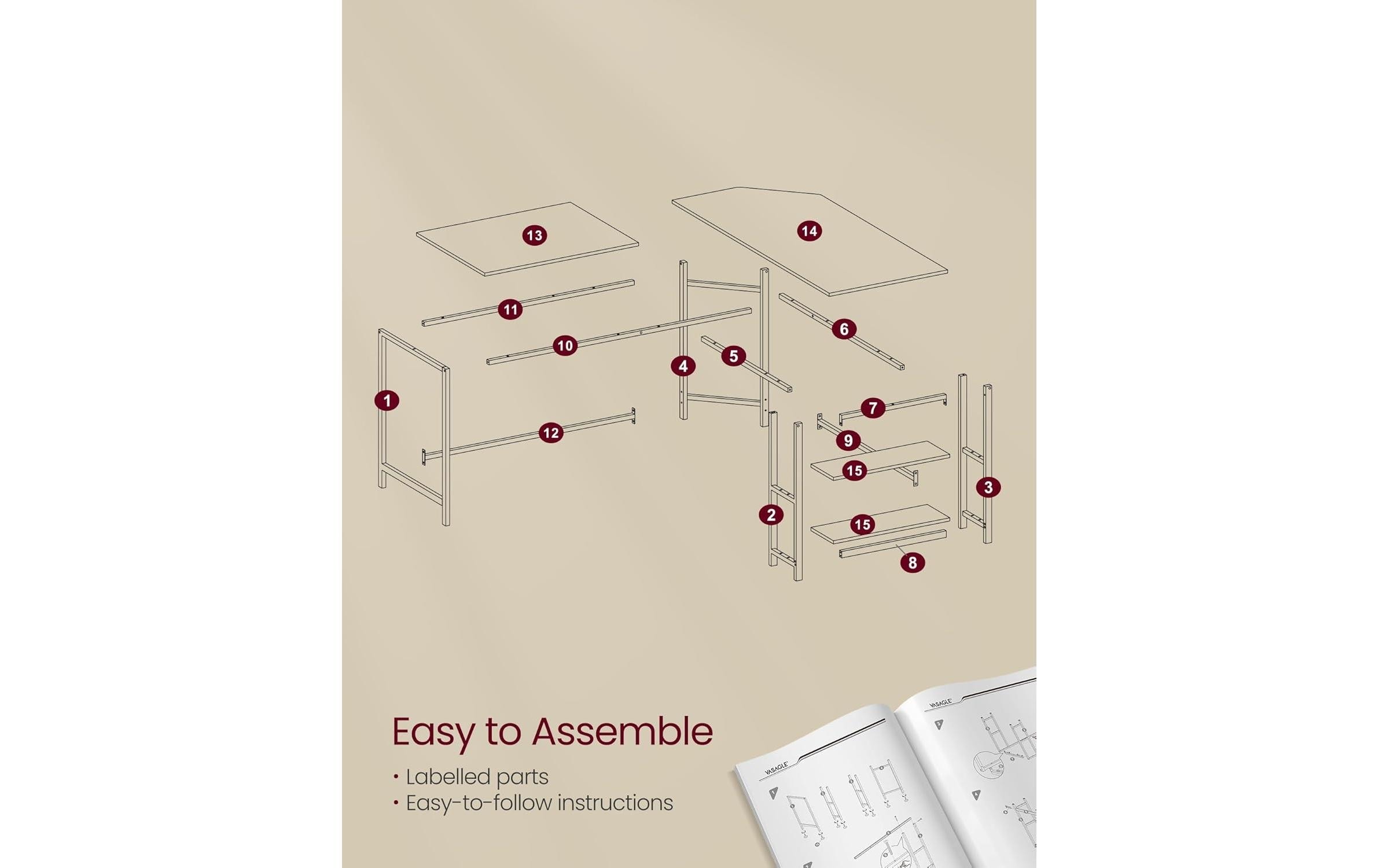 VASAGLE Bureau »in L-Form 120 x 130 x 76 cm«