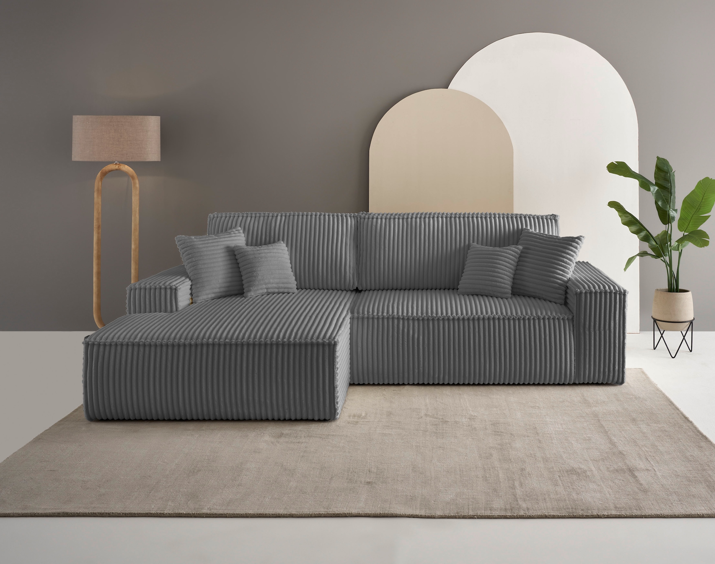 andas Ecksofa »Finnley Schlafsofa 267 cm in Bouclé, Struktur fein u. Cord, L-Form,«, Schlaffunktion m. Bettkasten (136/210 cm), Bouclé, Struktur und Cord