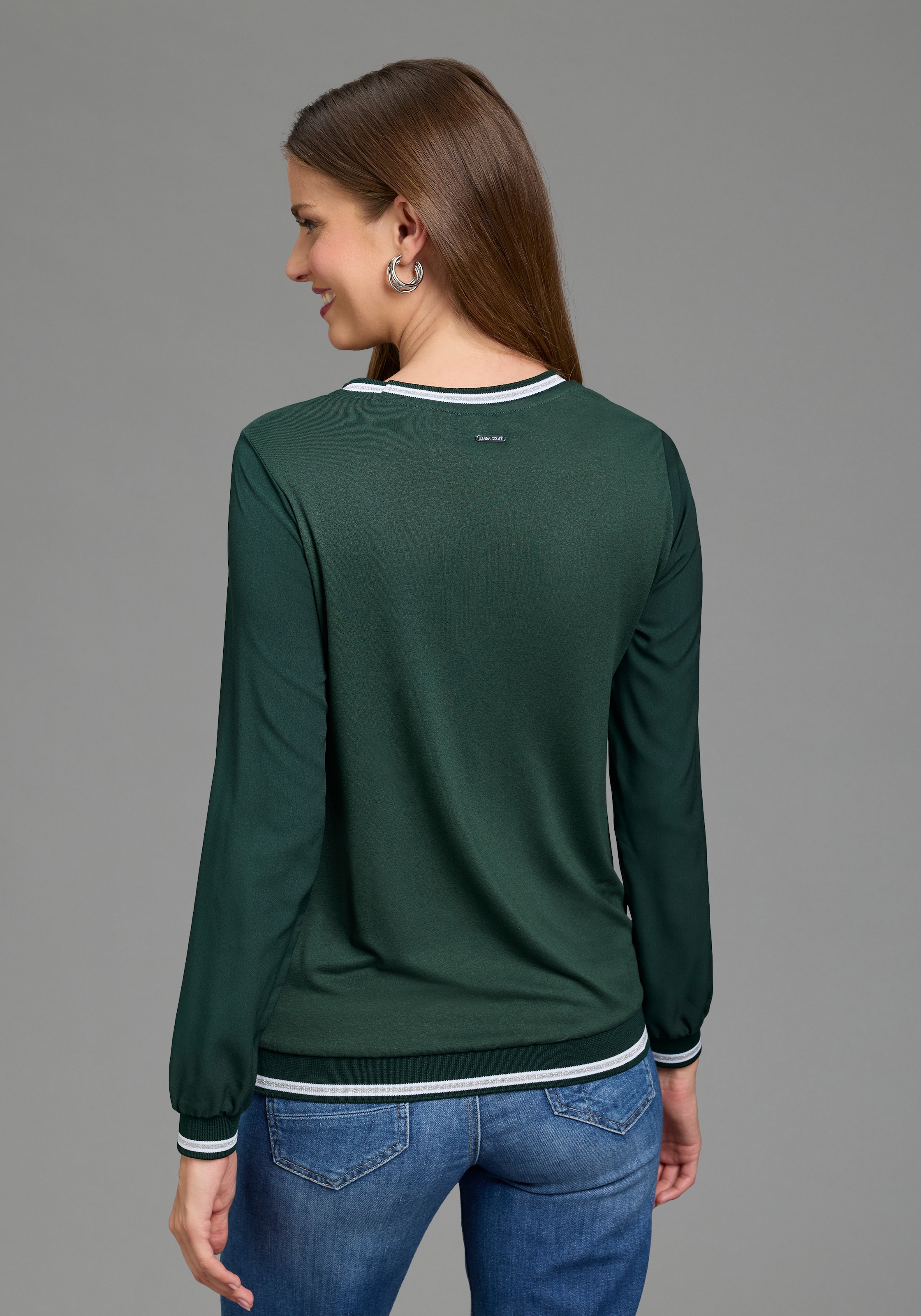 Laura Scott Blouse à enfiler manches longues avec poignets, bord-côte contrasté en fil brillant, coupe décontractée