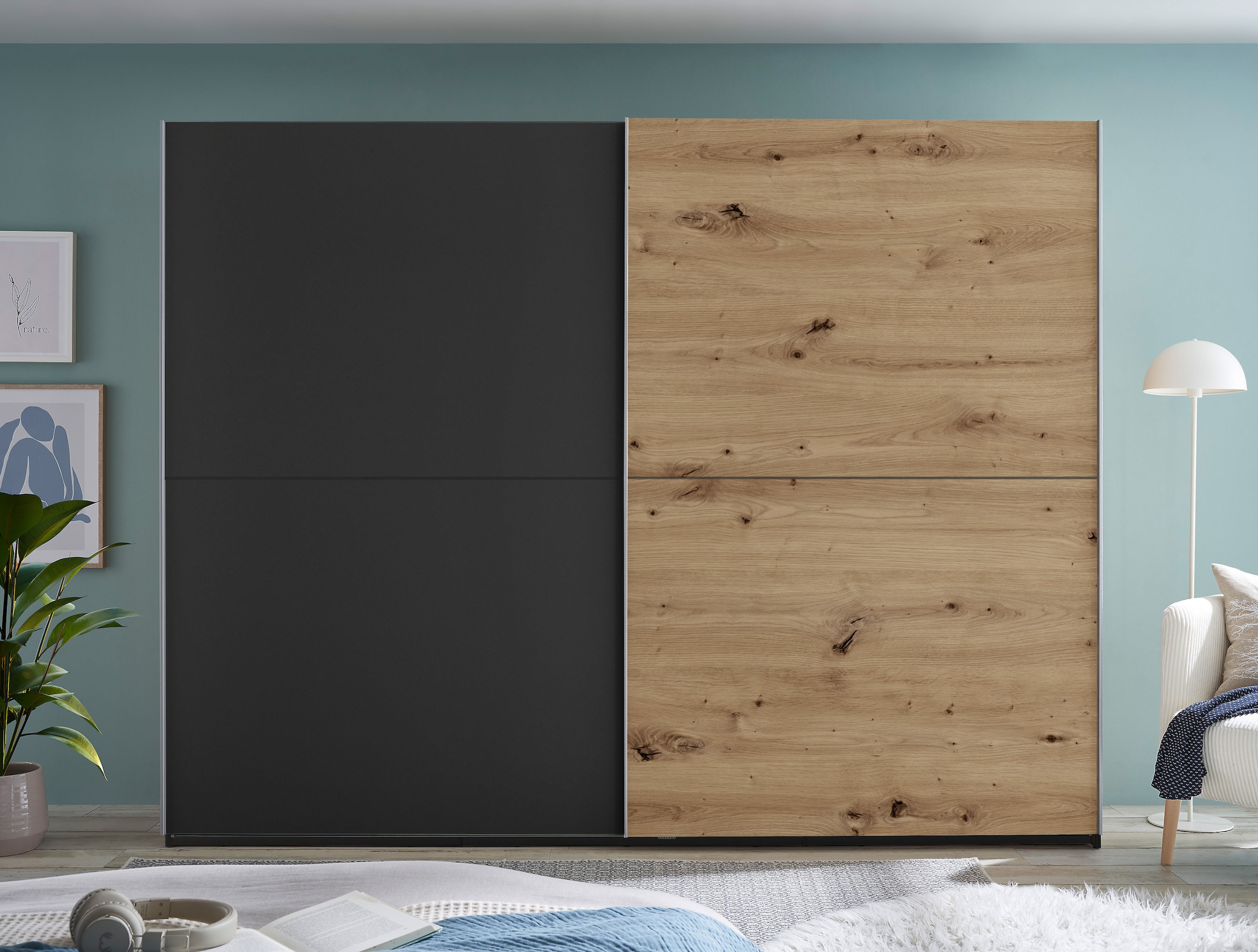 Image of Schlafkontor Schwebetürenschrank "Mesio, 2-türiger Kleiderschrank, Schiebetürenschrank mit viel Stauraum" inklusive Hoteleinteilungen aussen und Einlegeböden oben