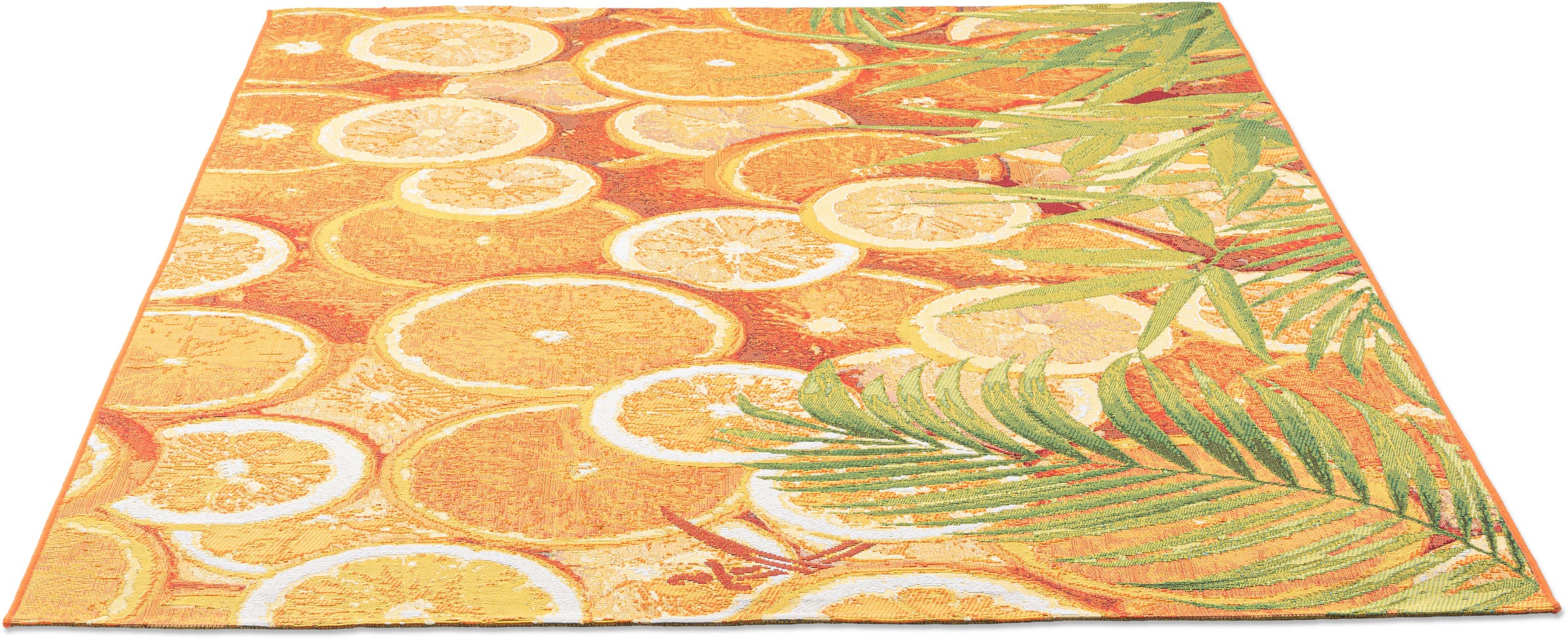 Image of Sansibar Teppich »Rantum Beach 001«, rechteckig, 5 mm Höhe, Flachgewebe, modernes Sommer Design, Motiv Orangenscheiben und Palmenblätter, In- & Outdoor geeignet, ideal im Wohnzimmer & Schlafzimmer bei Ackermann Versand Schweiz