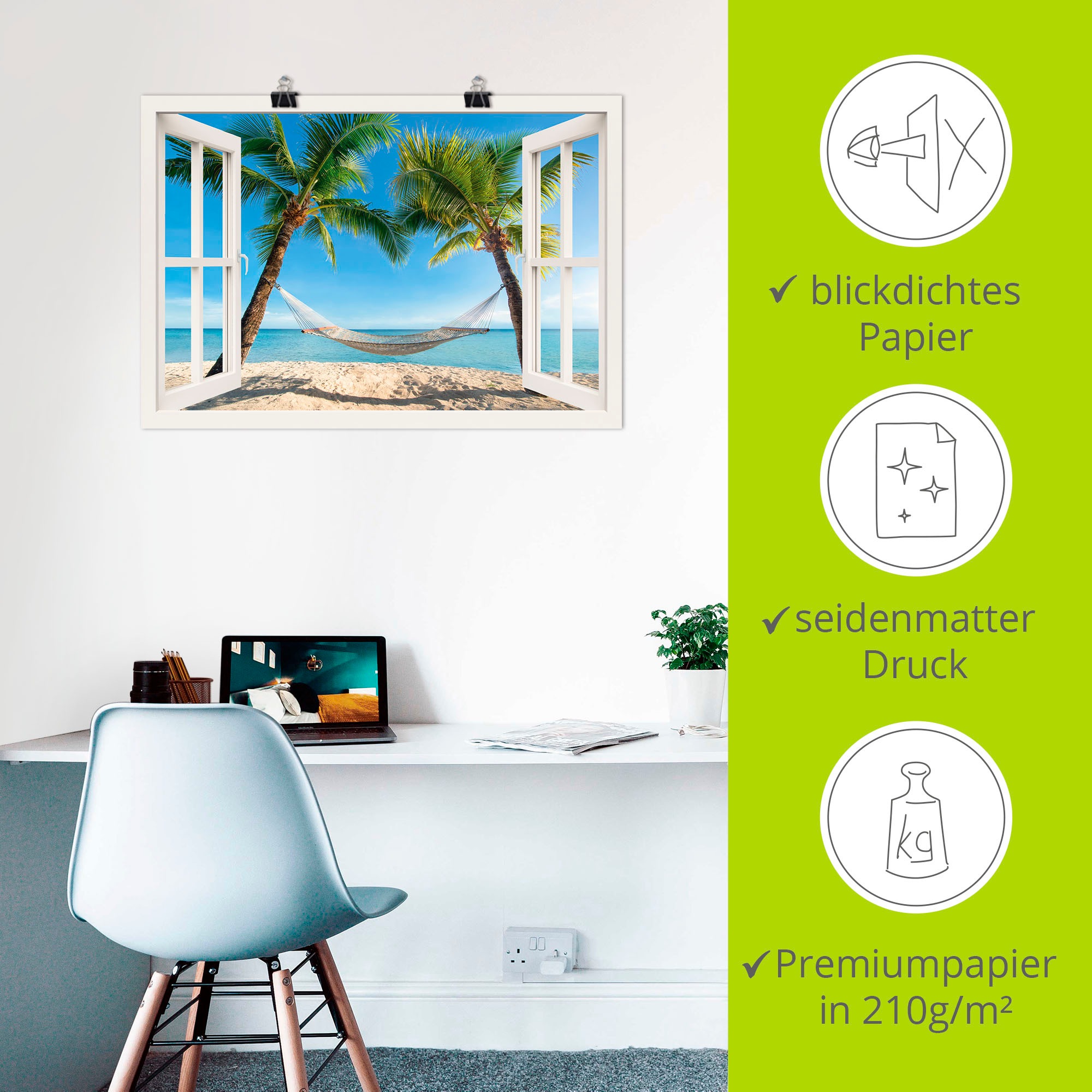Artland Fresque murale »Fensterblick Palmenstrand Karibik« 1 cuis tlg. als Alubild, Poster in verschied. Grössen