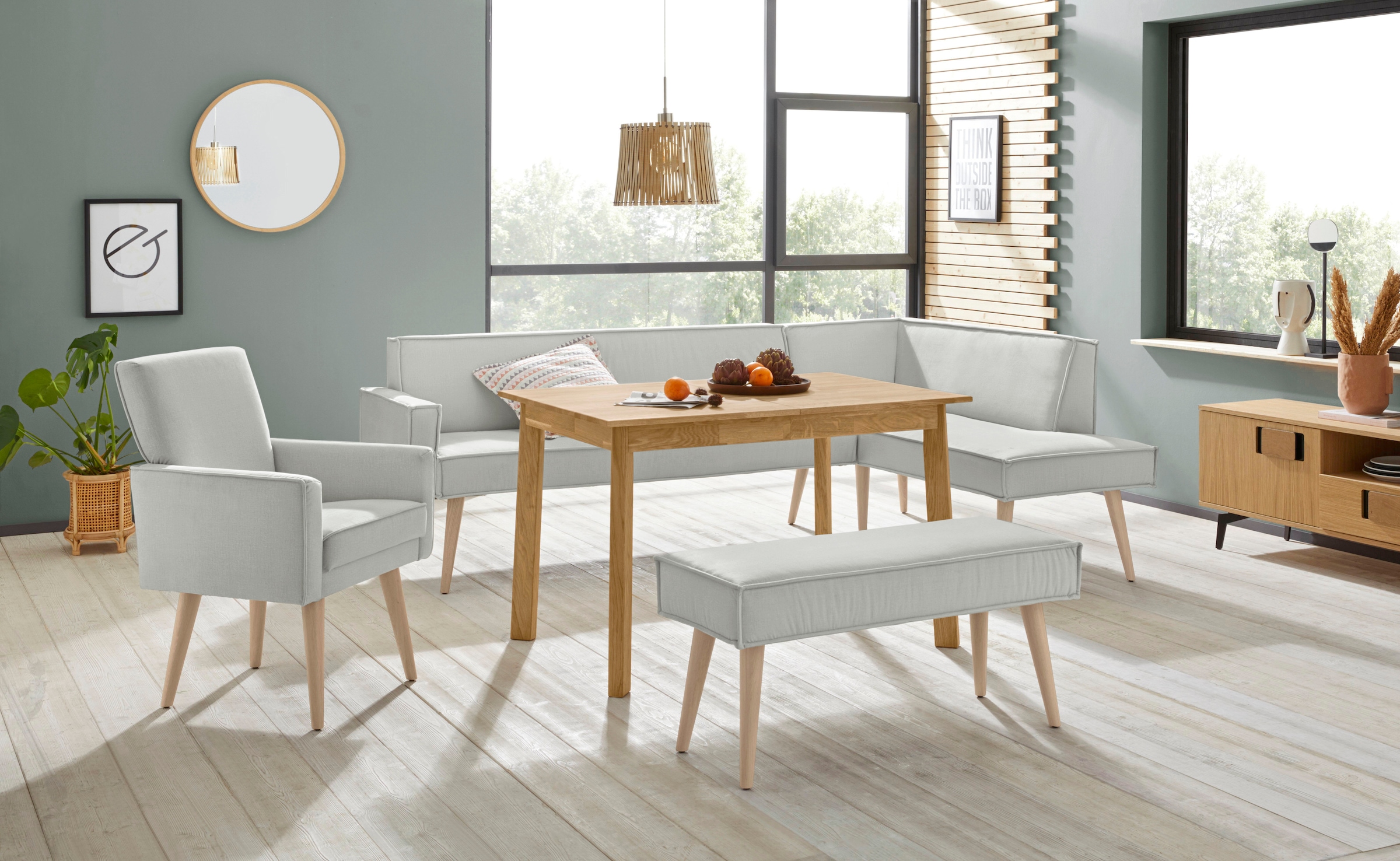 exxpo - sofa fashion Eckbank »Lungo, moderne Kedernaht, bequem und elegant, hoher Holzfuss«, hochwertige Detailverarbeitung, frei im Raum stellbar