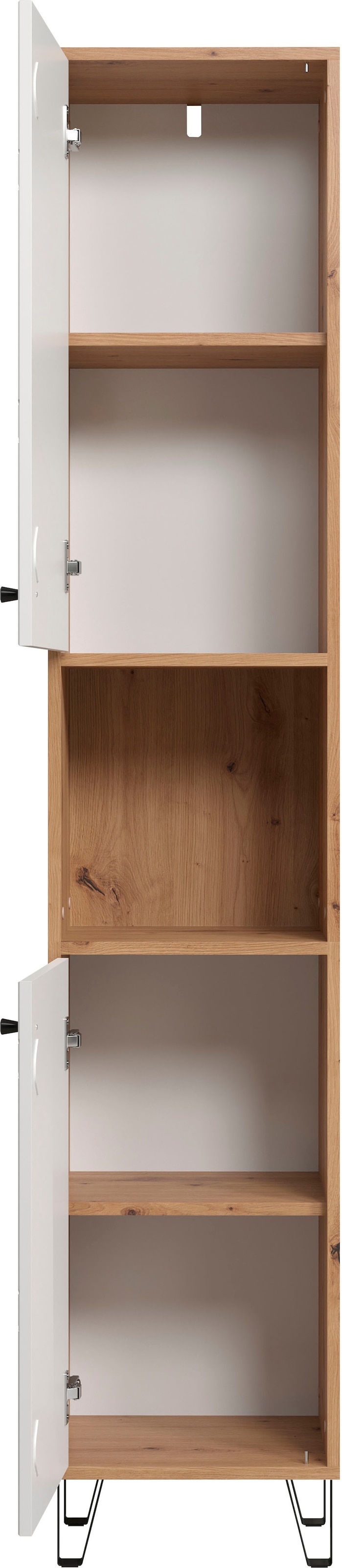 Places of Style Hochschrank »Tarragona«, (1 St.), Breite 36 cm, 2 Türen, Retro Metallfüsse, matt, braune Holzoptik / weiss