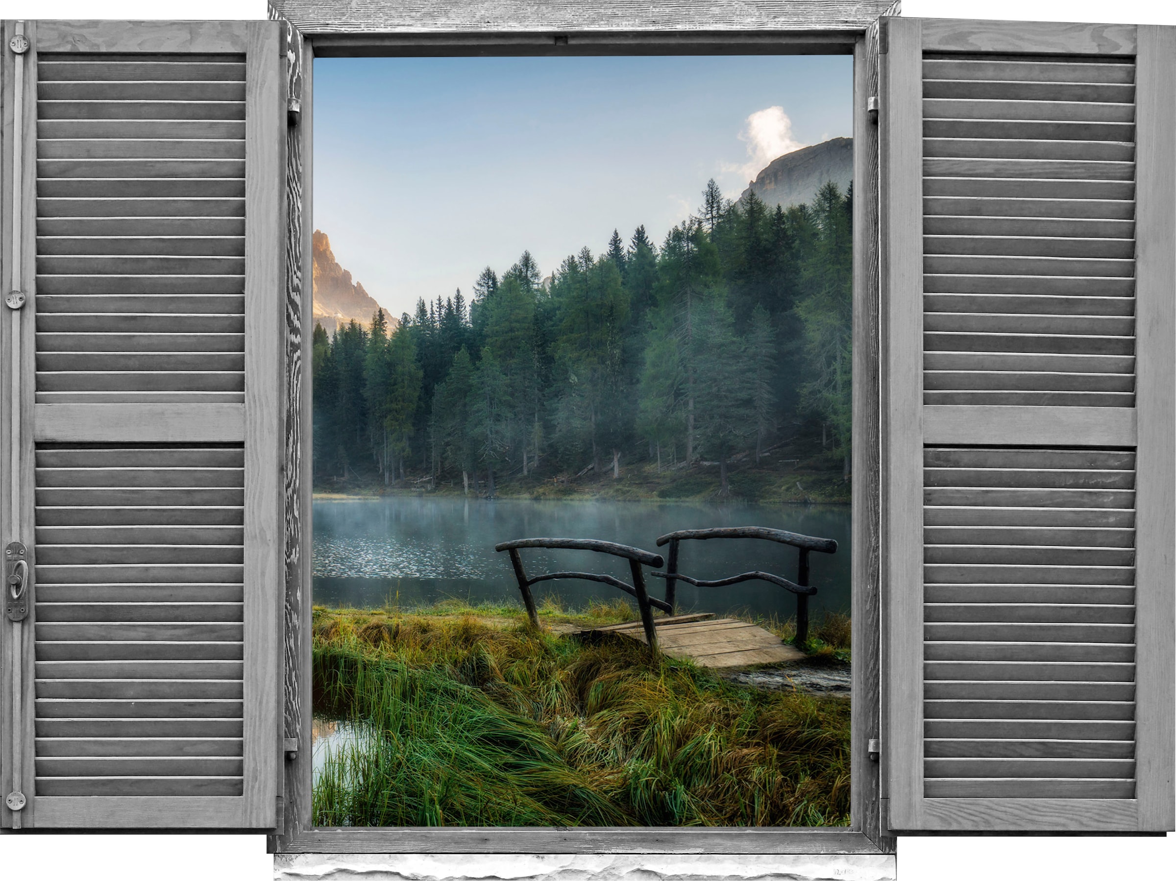 queence Autocollant mural »Wald am See« Wandsticker, Wandbild, selbstklebend, 3D, Fenster