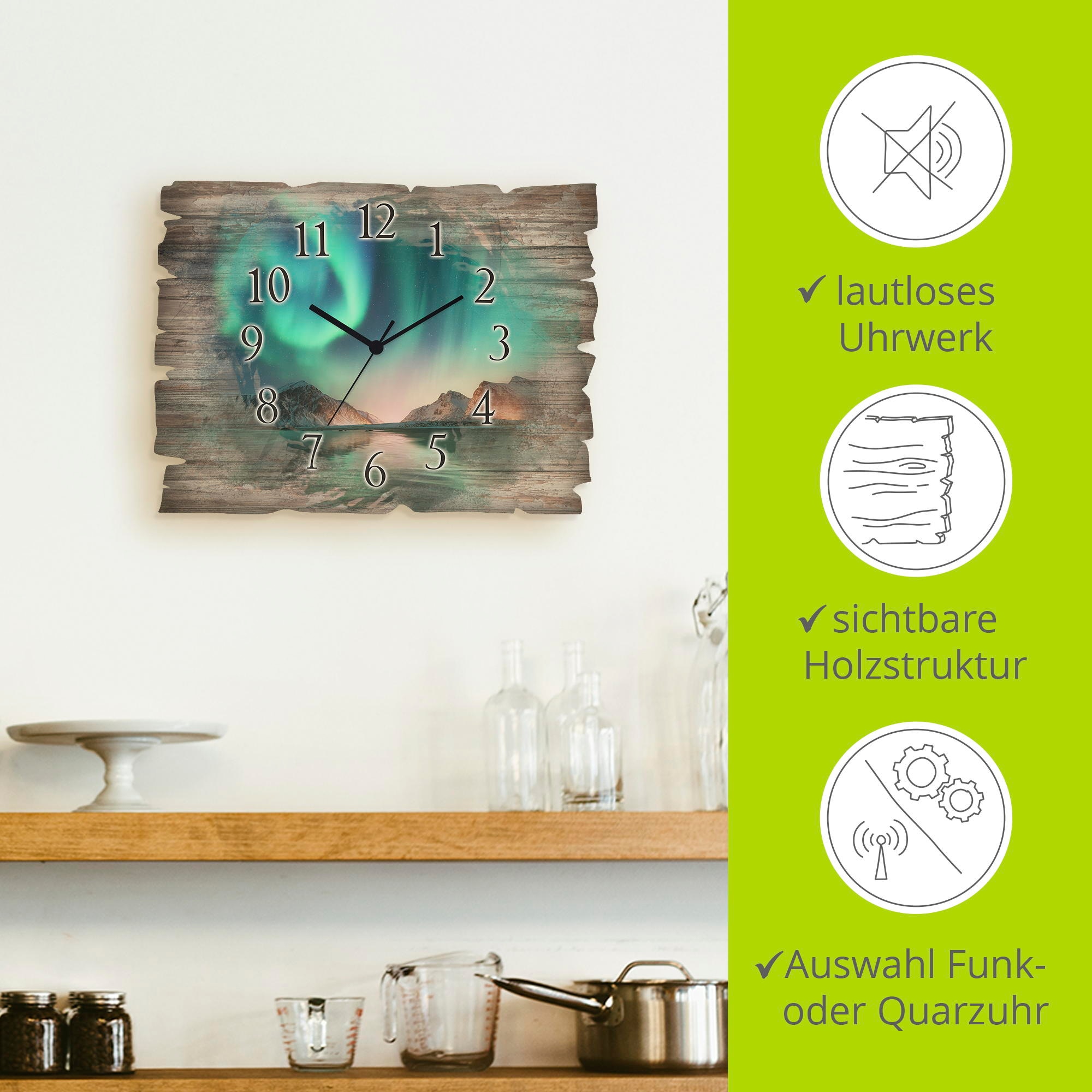 Artland Wanduhr »Auroraborialis - Nördliches Polarlicht« wahlweise mit  Quarz- oder Funkuhrwerk, lautlos ohne Tickgeräusche