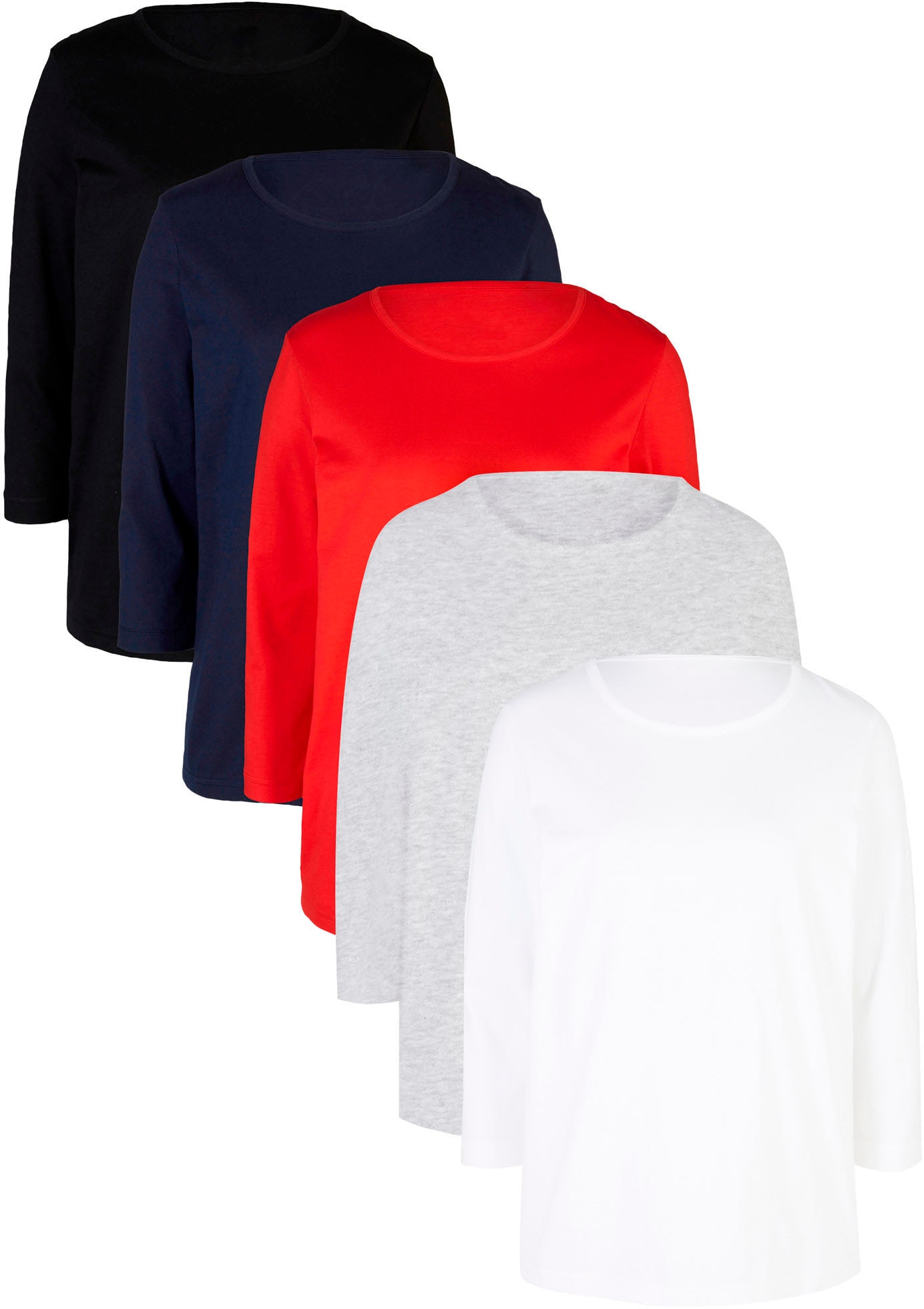 Image of bonprix T-Shirt Packung, 5 Stk. lässig geschnittene Passform, 3/4-Ärmel, Rundhalsausschnitt