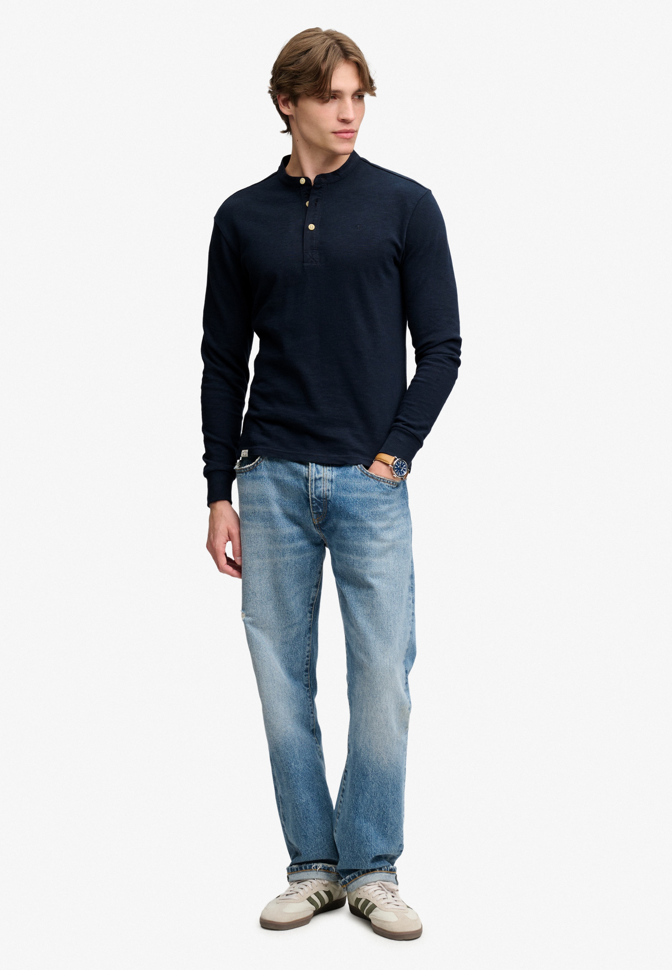 Superdry T-shirt à manches longues »WOVEN PLACKET GRANDAD TOP« Baumwolle, relaxed fit
