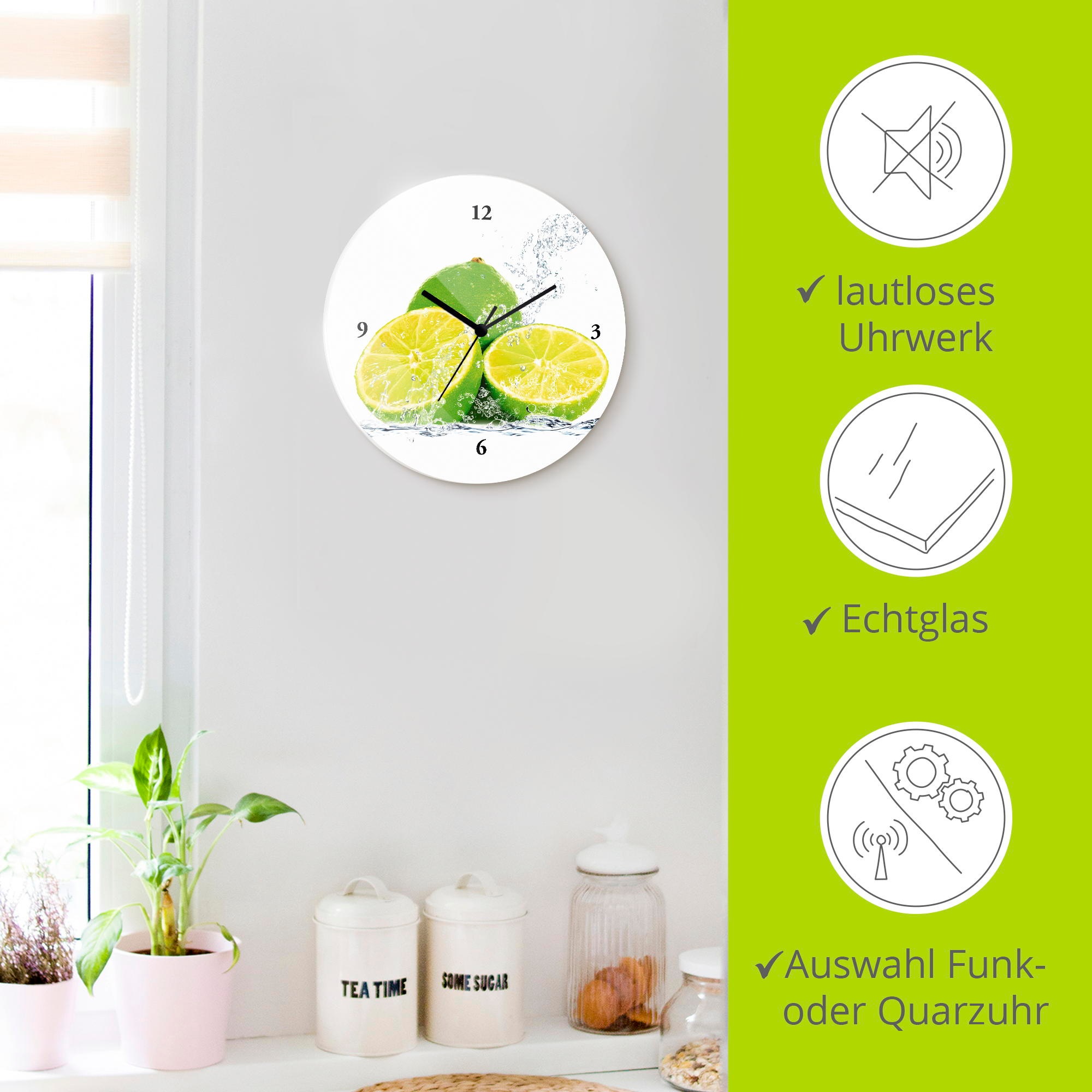 Artland »Limette mit Spritzwasser« wahlweise mit Quarz- oder Funkuhrwerk, lautlos ohne Tickgeräusche