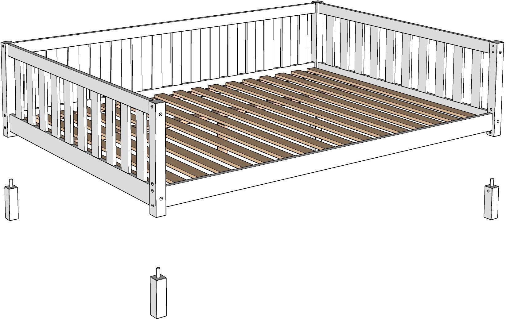 Vipack Kinderbett »Dallas, massiv Bett, Rausfallschutz, umbaubar vom Boden- zum Daybett« inkl. Rolllattenrost und Sprossenumrandung, 90 oder 140x200 cm breit,  stabil und standfest gebaut, wahlweise Kiefer massiv natur oder weiss