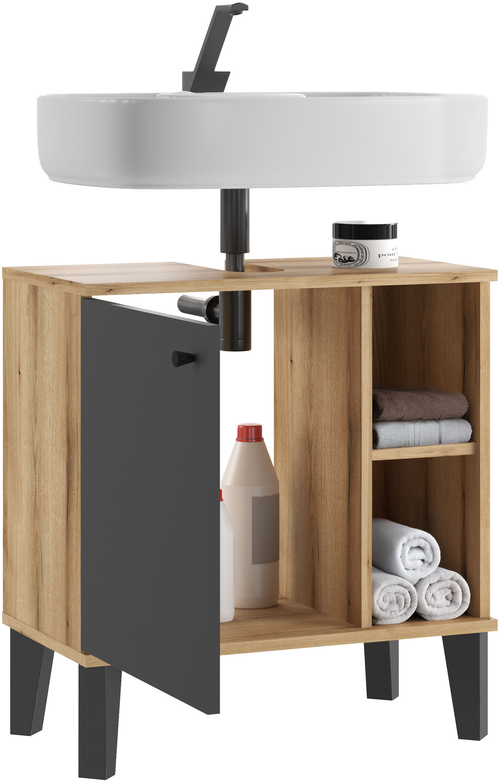 Home affaire Waschbeckenunterschrank »Oslo, Waschtisch mit Knopfgriff, Badschrank im skandinavischen Design« in der Türfarbe Weiss oder Grau verfügbar, ausreichend Stauraum