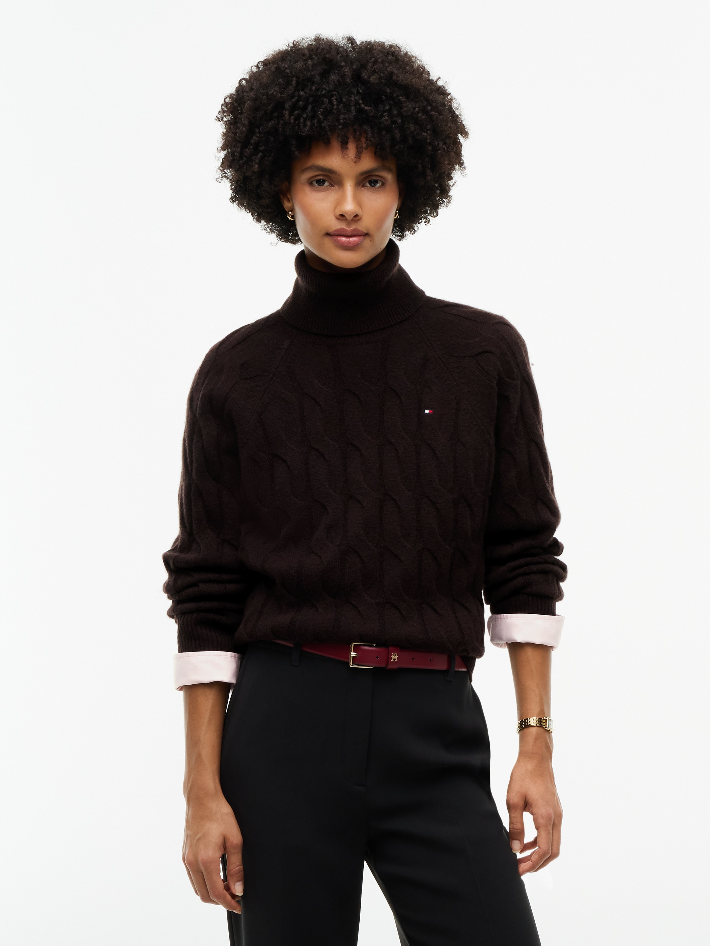 Image of Tommy Hilfiger Rollkragenpullover "SOFT WOOL CABLE ROLL-NK LS SWT" aus Wolle, Zopfmuster